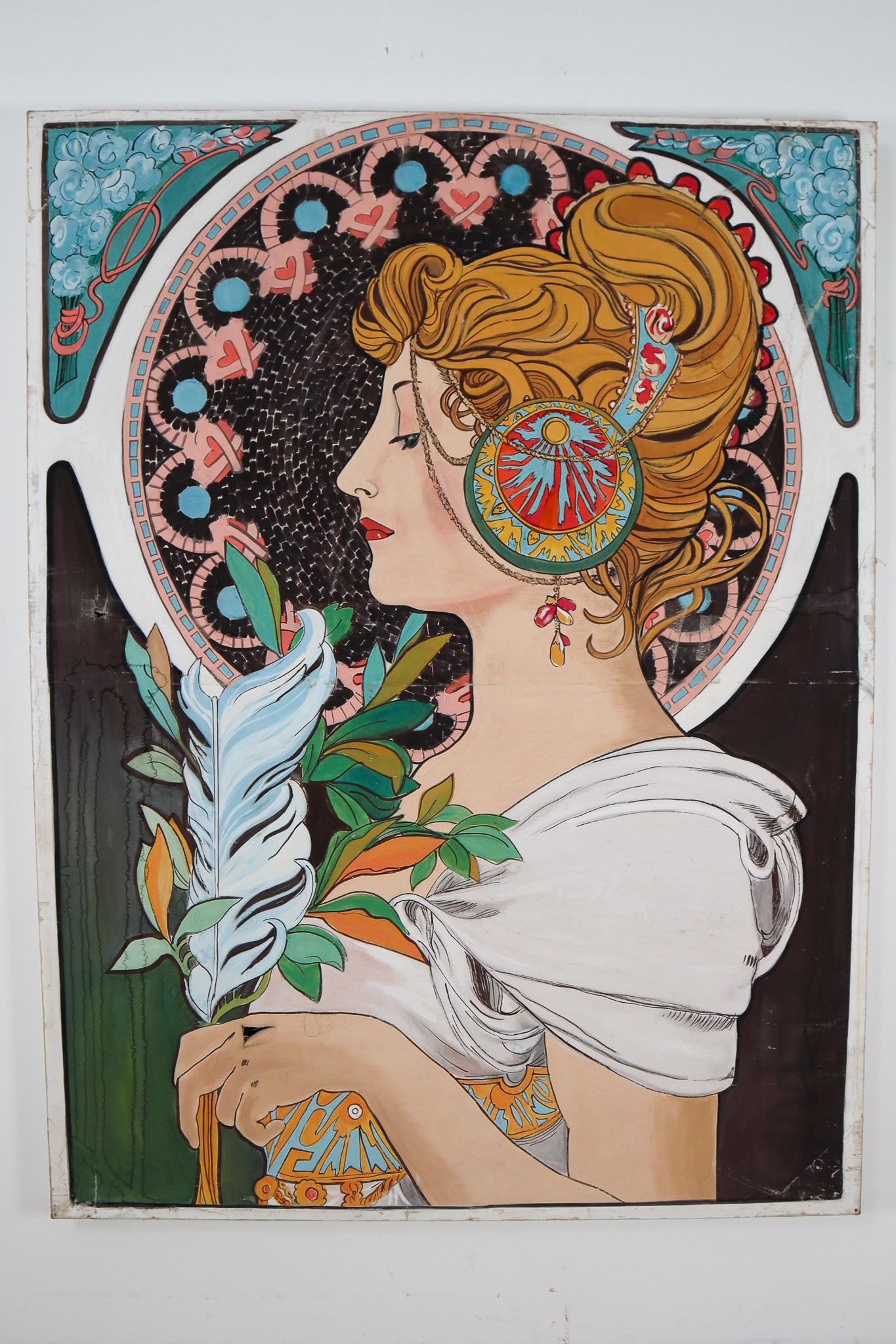 This large painting is in the style of Alphonse Mucha, from a famous theather in Prague. It's made of linnen with a wooden frame in a colorful paint.
His style is characterized by the elegant lines, fresh pastel colors and lush motifs. His works are