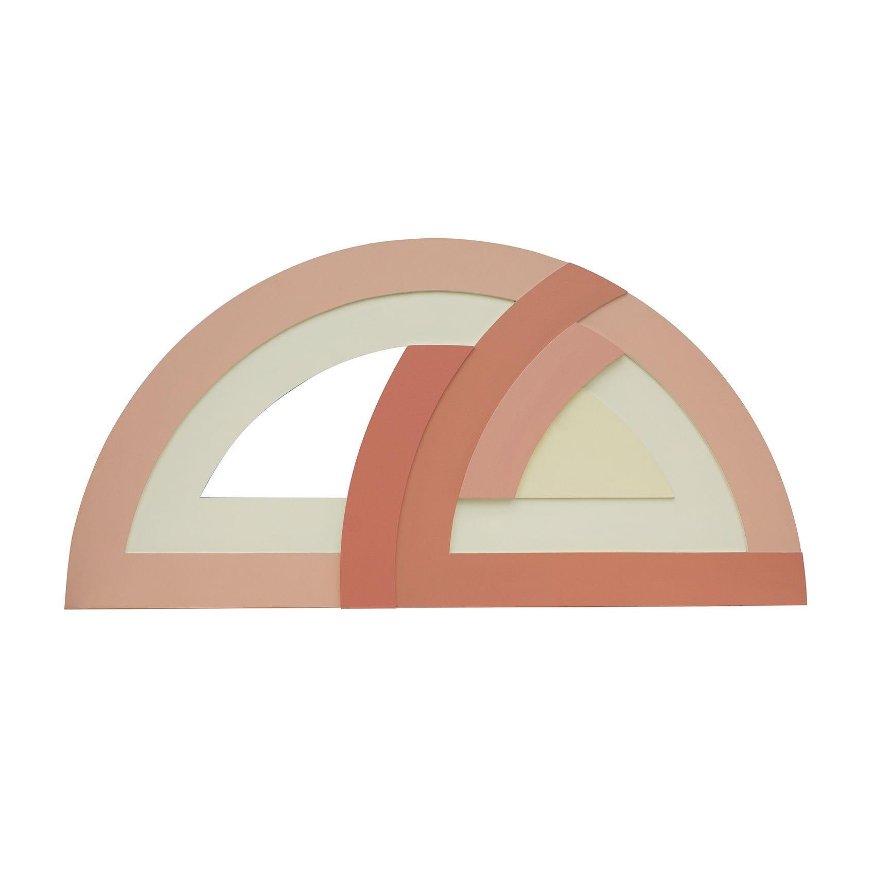 USA, 1960s
Large 'protractor' shaped painting on plywood. In the style of Frank Stella. Large piece and substantial in weight. It has a cutout at the middle, is painted in peaches, creams, and whites, and the piece has varied depths for a bit of a