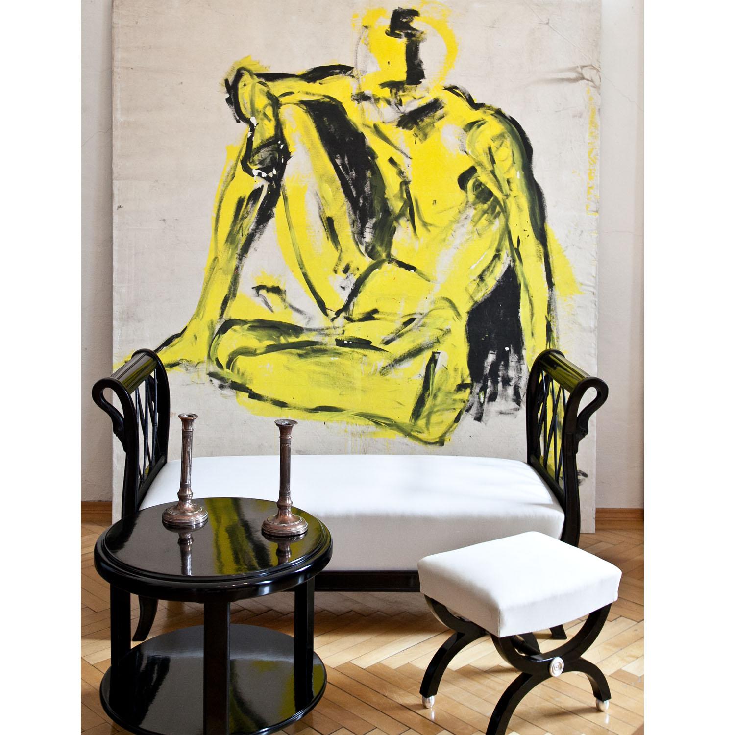 Large-format painting in black and yellow, depicting a sitting nude in an abstract sketch-like manner. The canvas was reversed and is painted on the back.
