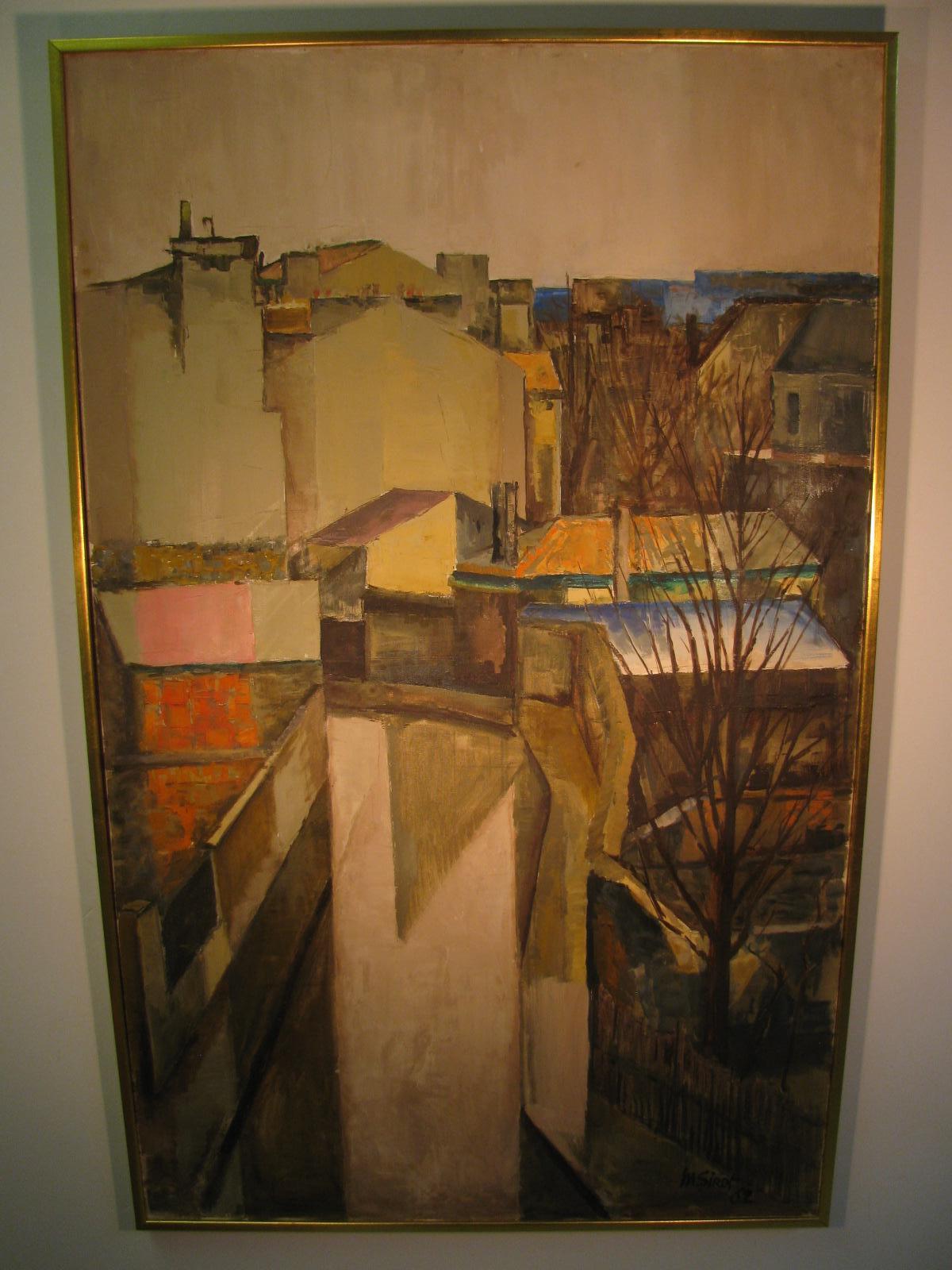 Beautiful abstract view from the rooftops of Paris, La rue Mouillee. Purchased at an art fair, Salon Des Independents 1962. Very serene, the colors are fabulous and keep you immersed. Size given is including the frame which is a period midcentury