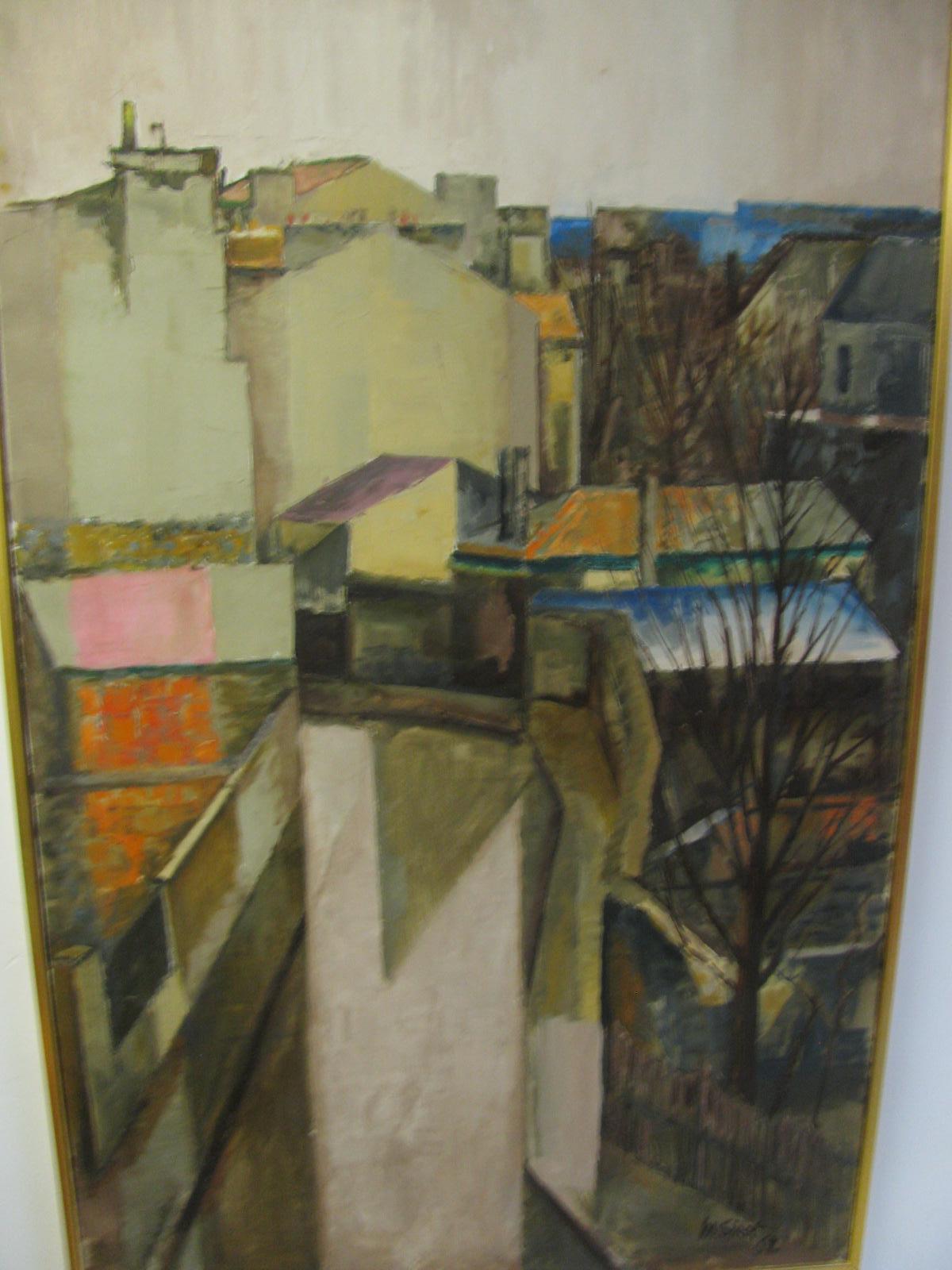 Large Mid Century 1962 Painting Of Rooftops of Paris M. Siret, 1962 1