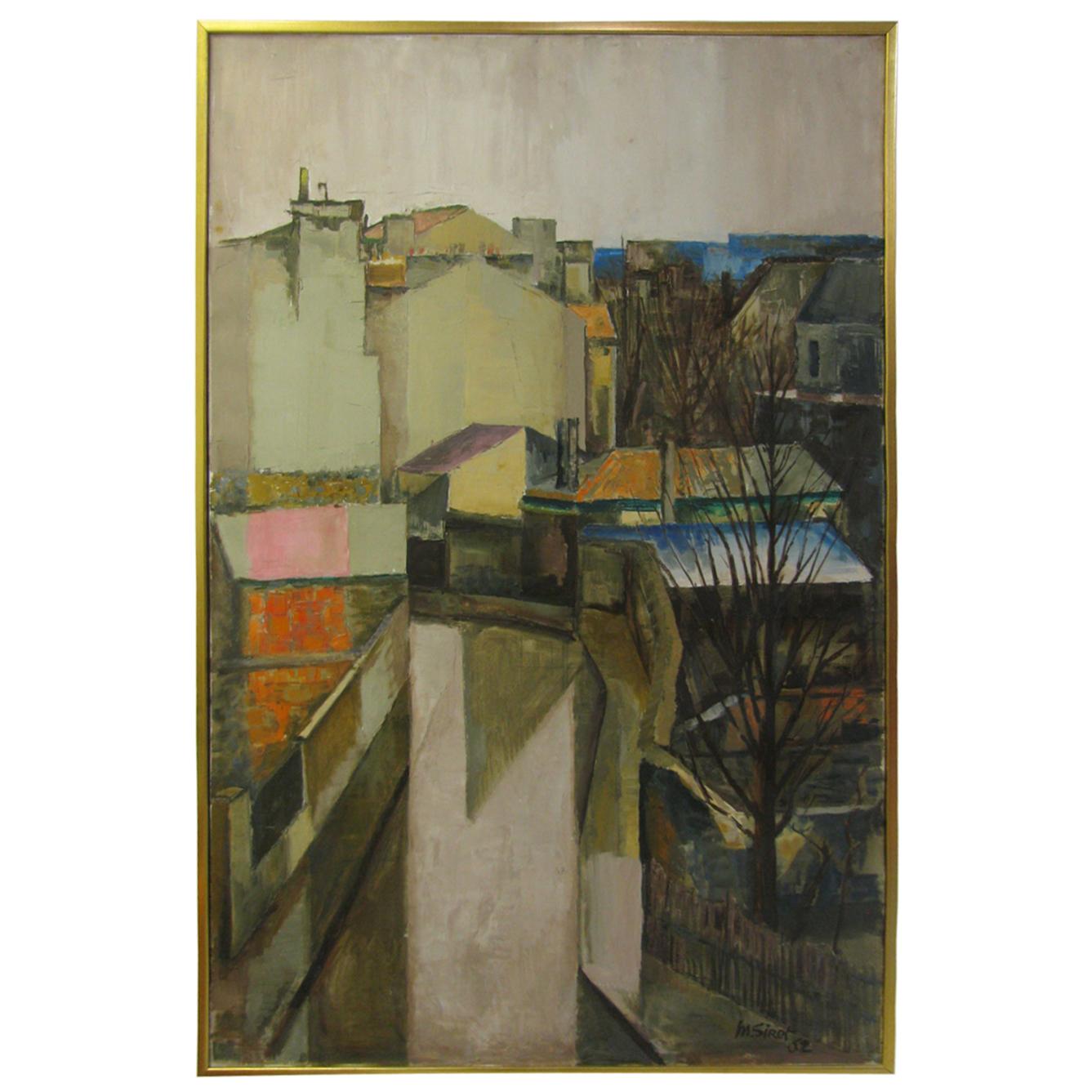 Large Mid Century 1962 Painting Of Rooftops of Paris M. Siret, 1962