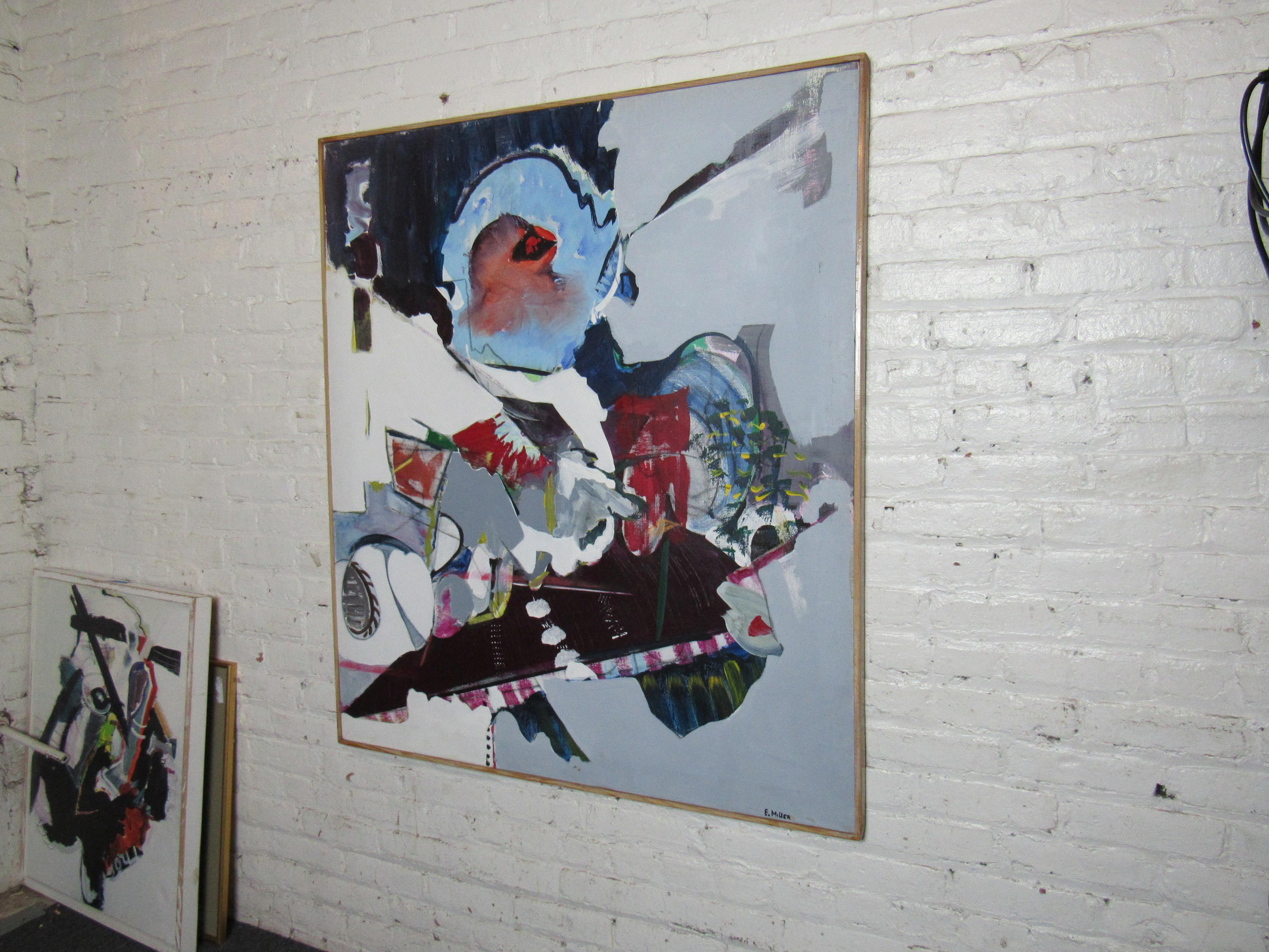 Esta gran obra sin título es de la célebre artista de Pensilvania Elaine Miller. Miller es una artista multidisciplinar afincada en Jenkintown, Pensilvania, cuya práctica se centra en la pintura y el grabado. Ha mostrado su obra en numerosas