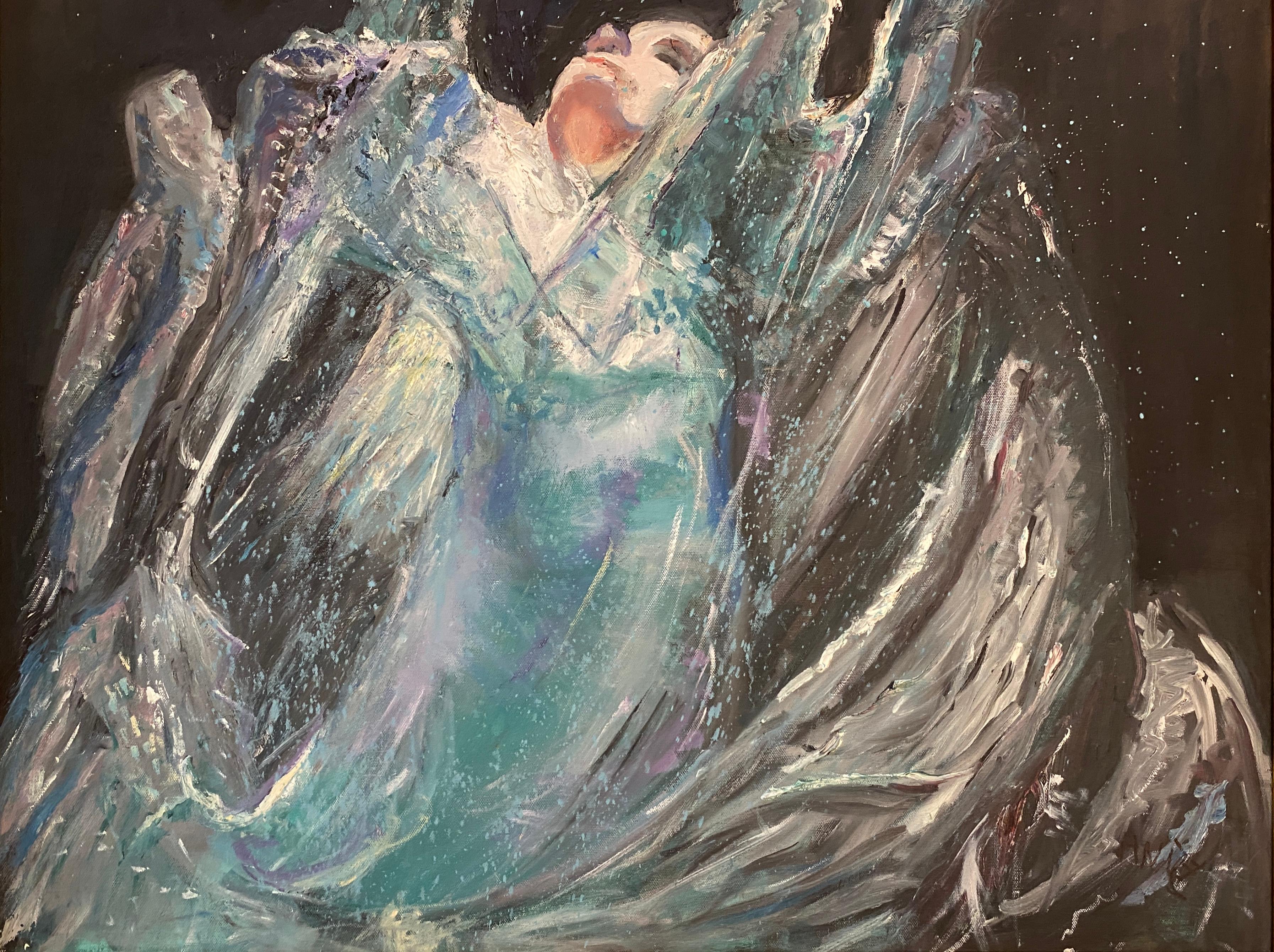 Mid-Century Modern Grande peinture Femme en mer  Huile sur toile bleue  en vente