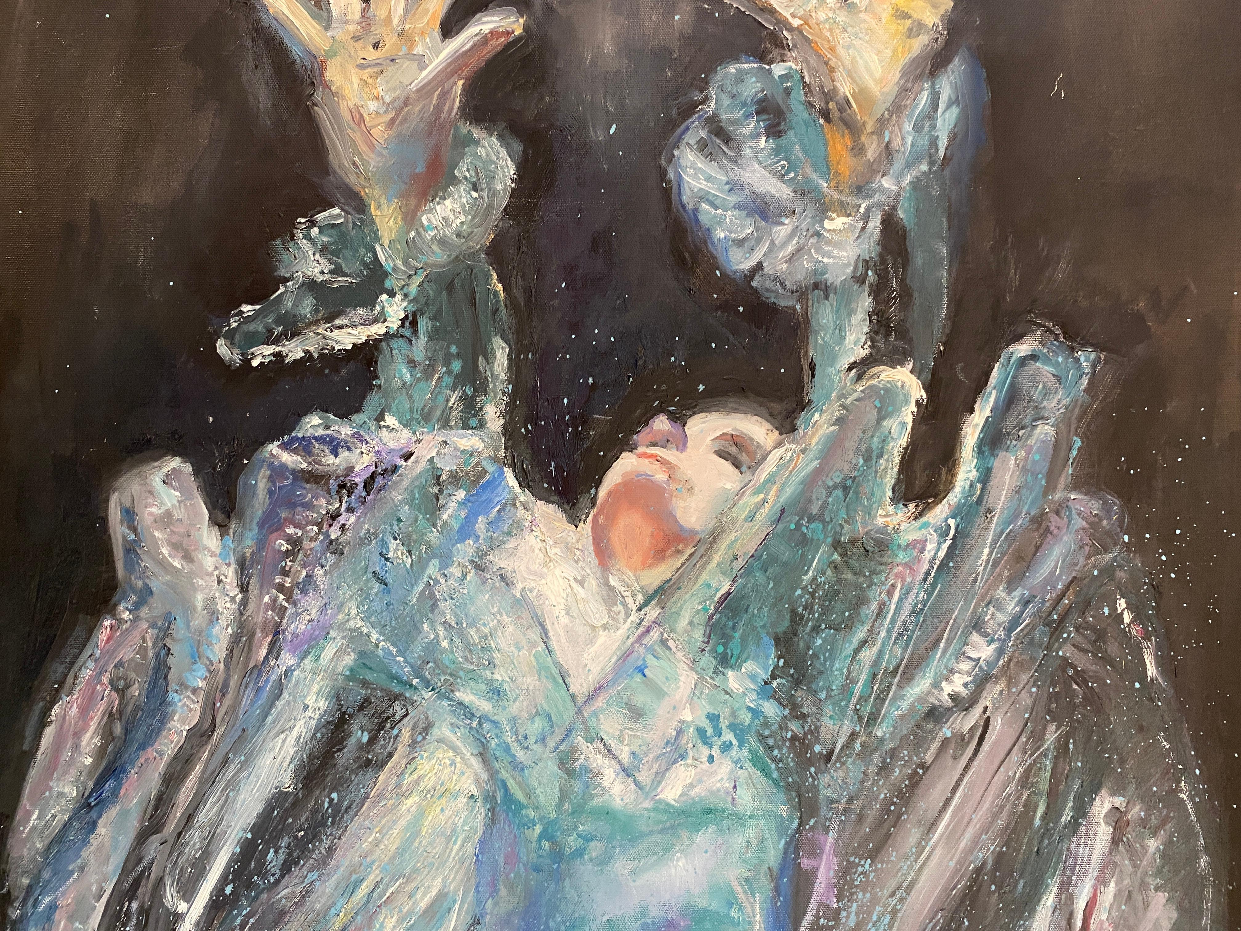 Grande peinture Femme en mer  Huile sur toile bleue  Bon état - En vente à Miami, FL