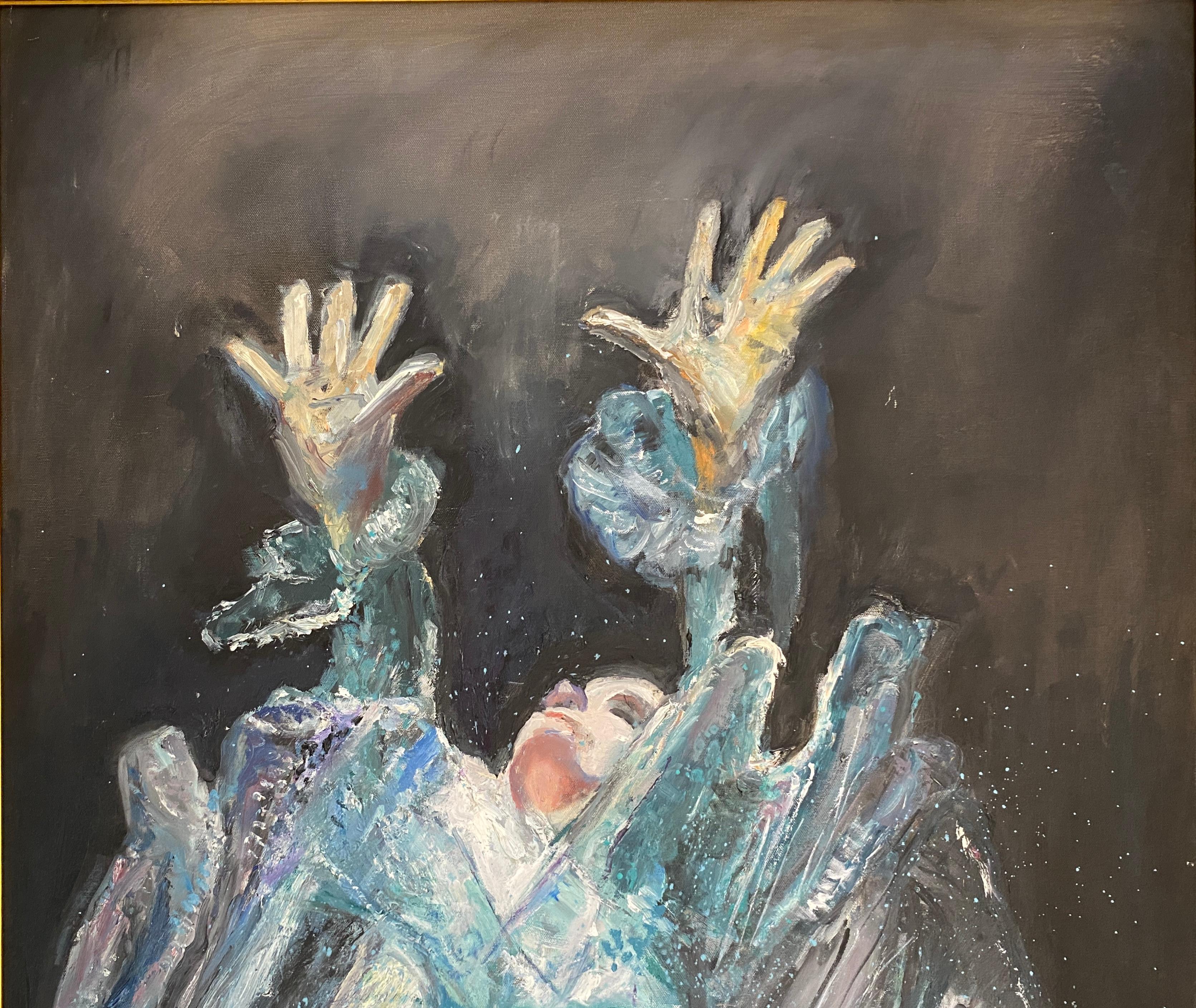 20ième siècle Grande peinture Femme en mer  Huile sur toile bleue  en vente