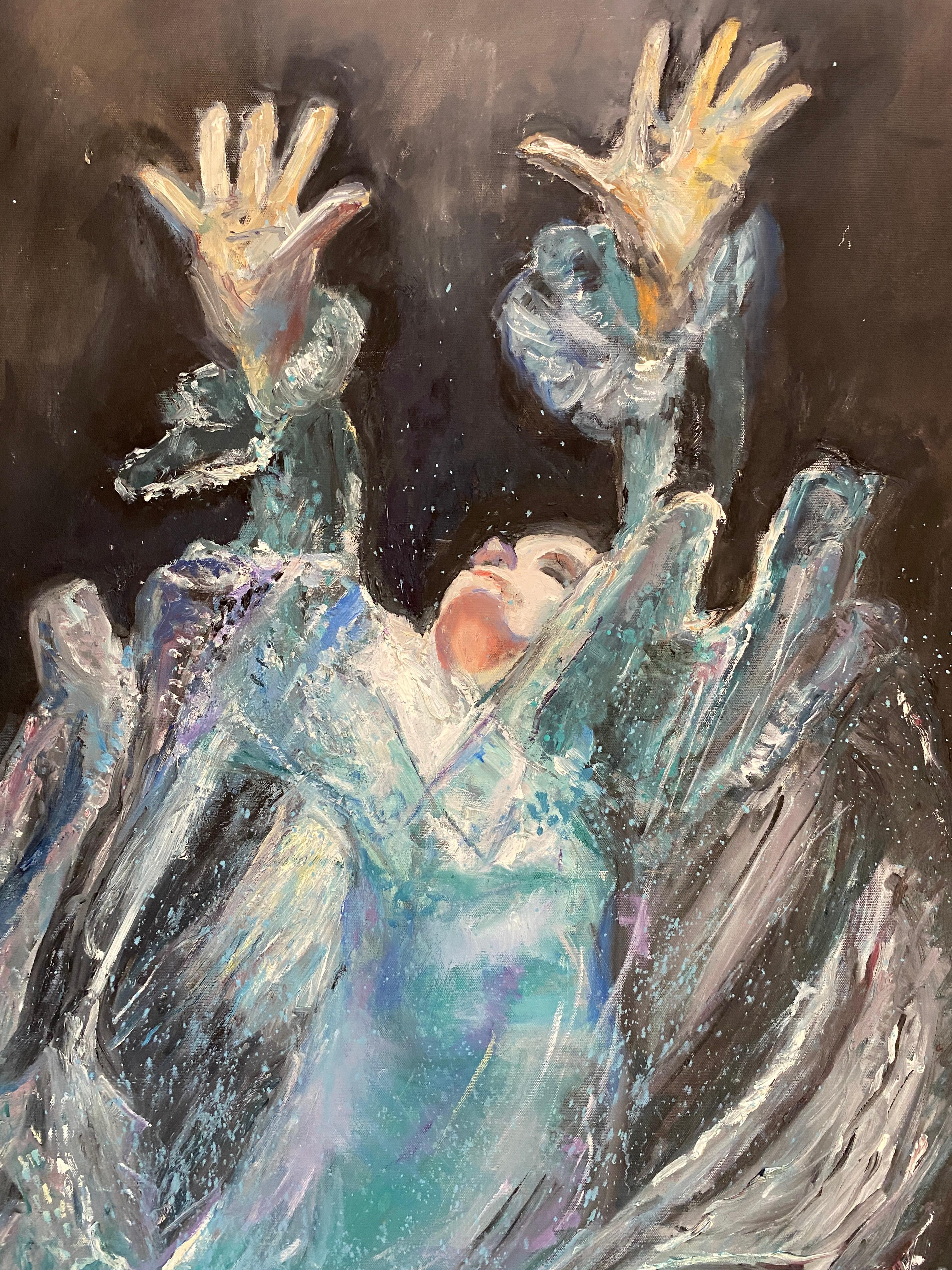Grande peinture Femme en mer  Huile sur toile bleue  en vente 1