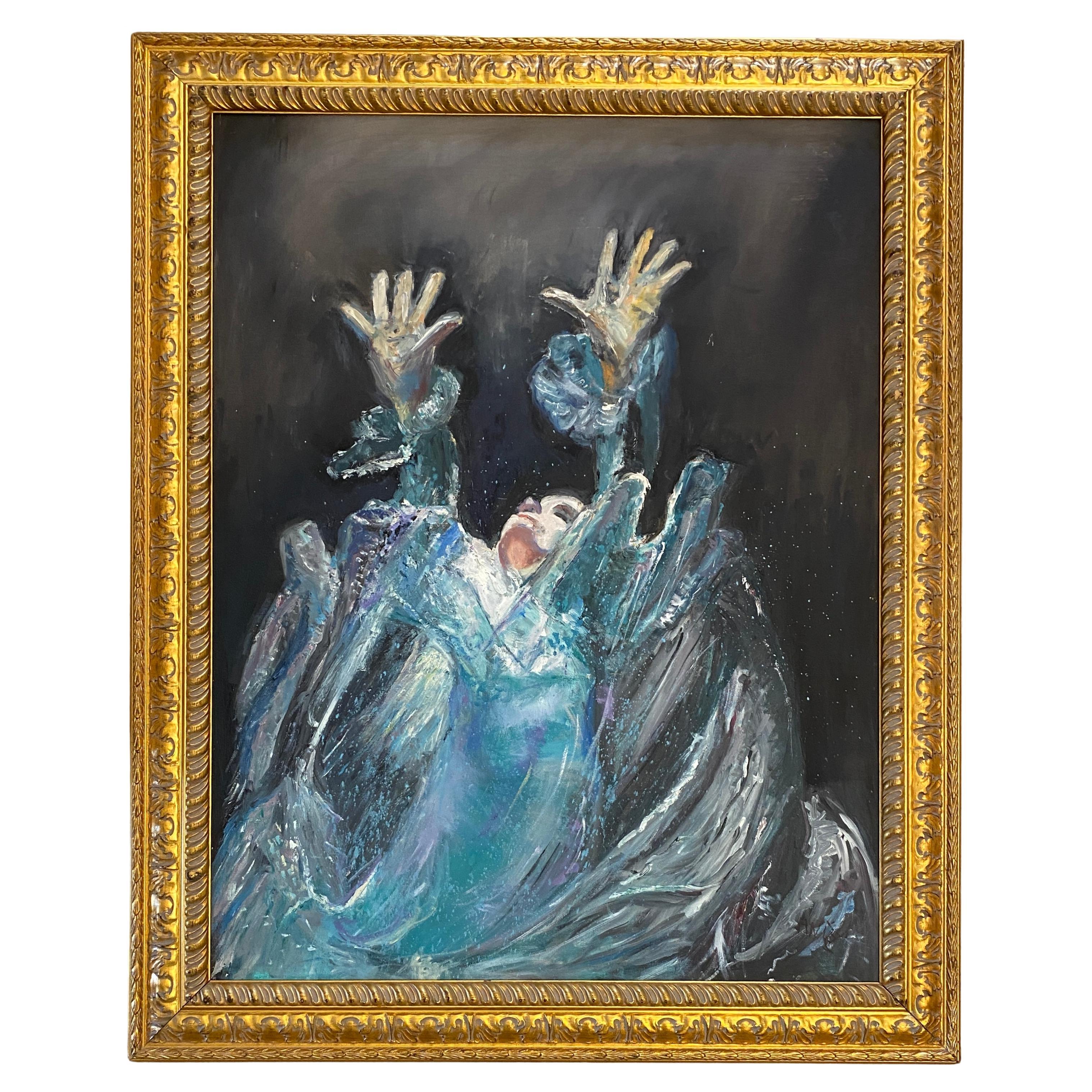 Grande peinture Femme en mer  Huile sur toile bleue  en vente