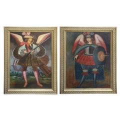 Antique Large Pair 17th Century Style Peruvian, Cusco Influ, Paintings