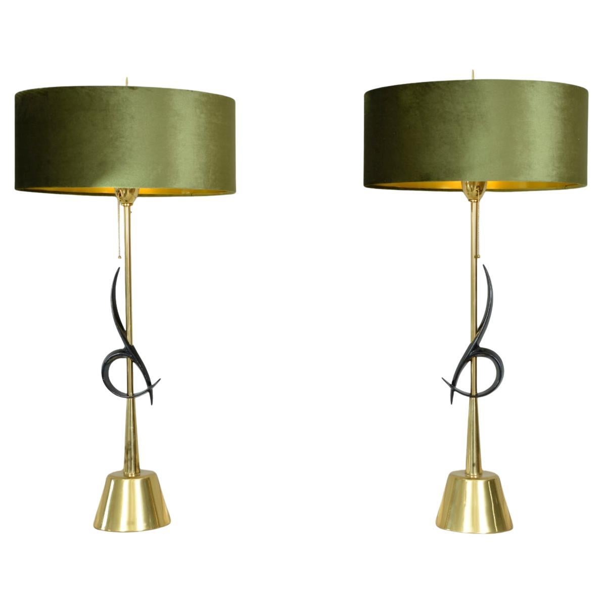 Large Pair 1950s American Midcentury Brass Glass Table Lamps Hollywood Regency For Sale