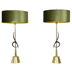 Large Pair 1950s American Midcentury Brass Glass Table Lamps Hollywood Regency
