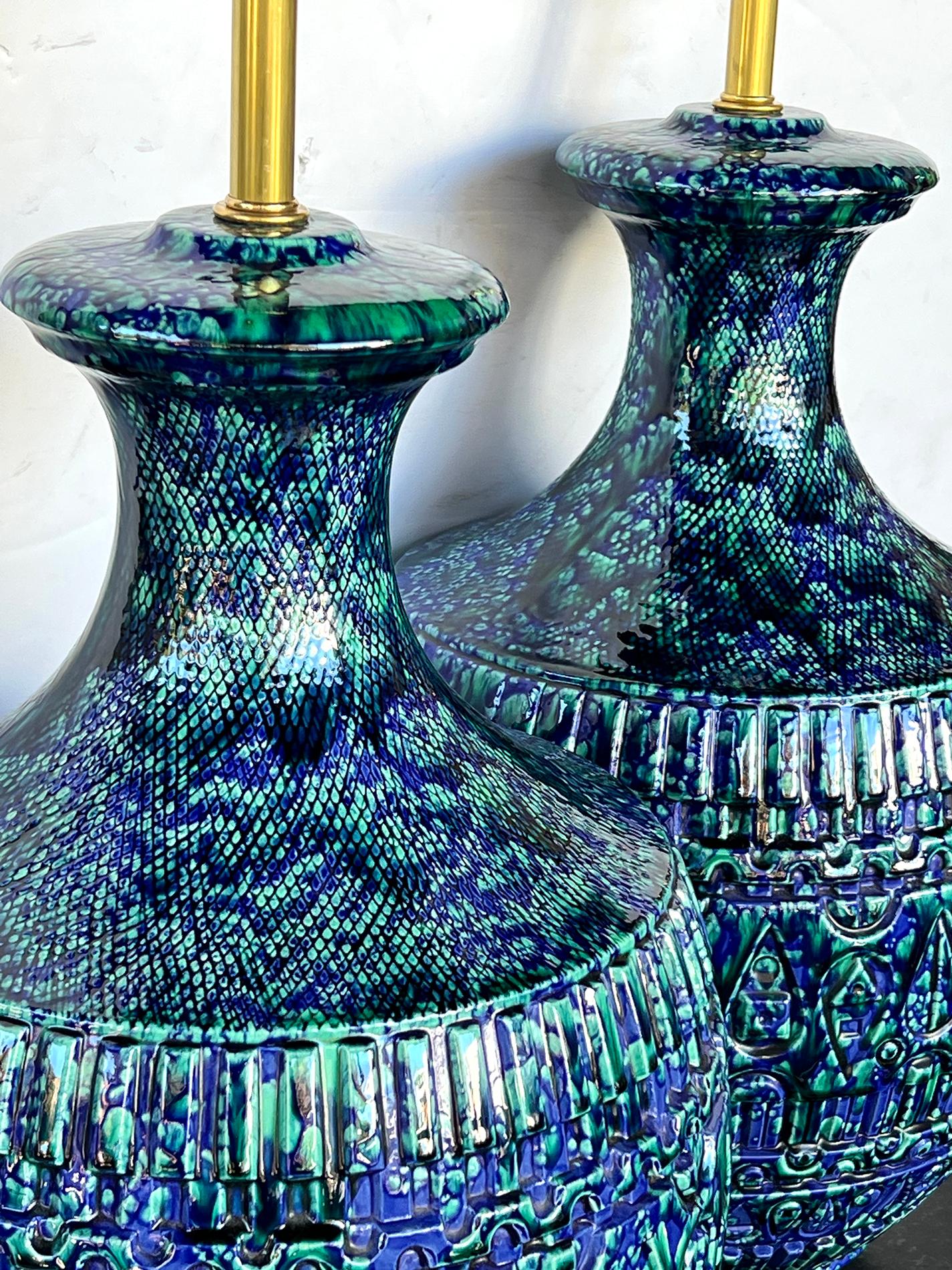 Glazed Large Pair 1960s Blue & Teal Drip Glaze Bulbous-form Lamps with Textured Surface