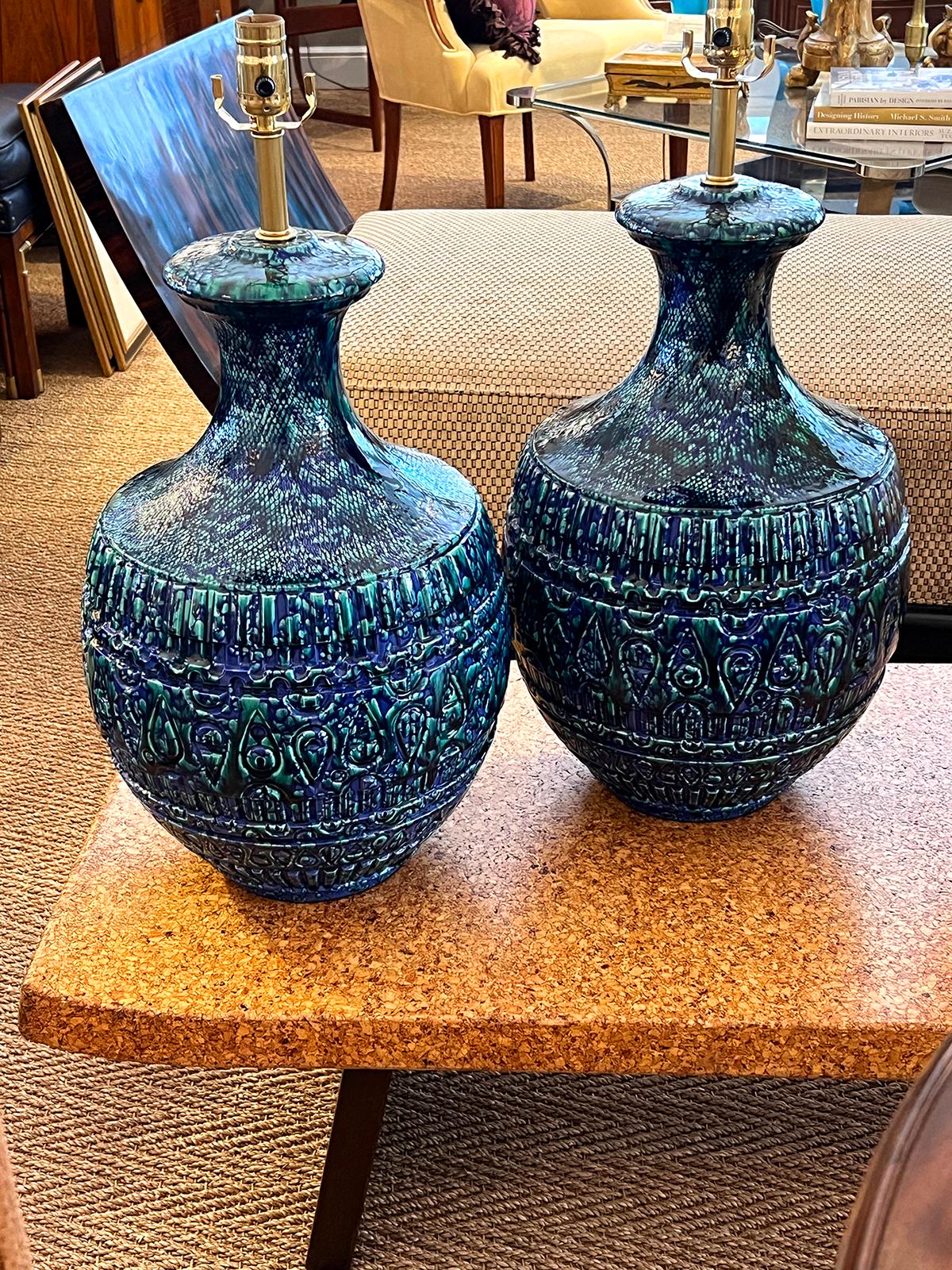 Ceramic Large Pair 1960s Blue & Teal Drip Glaze Bulbous-form Lamps with Textured Surface