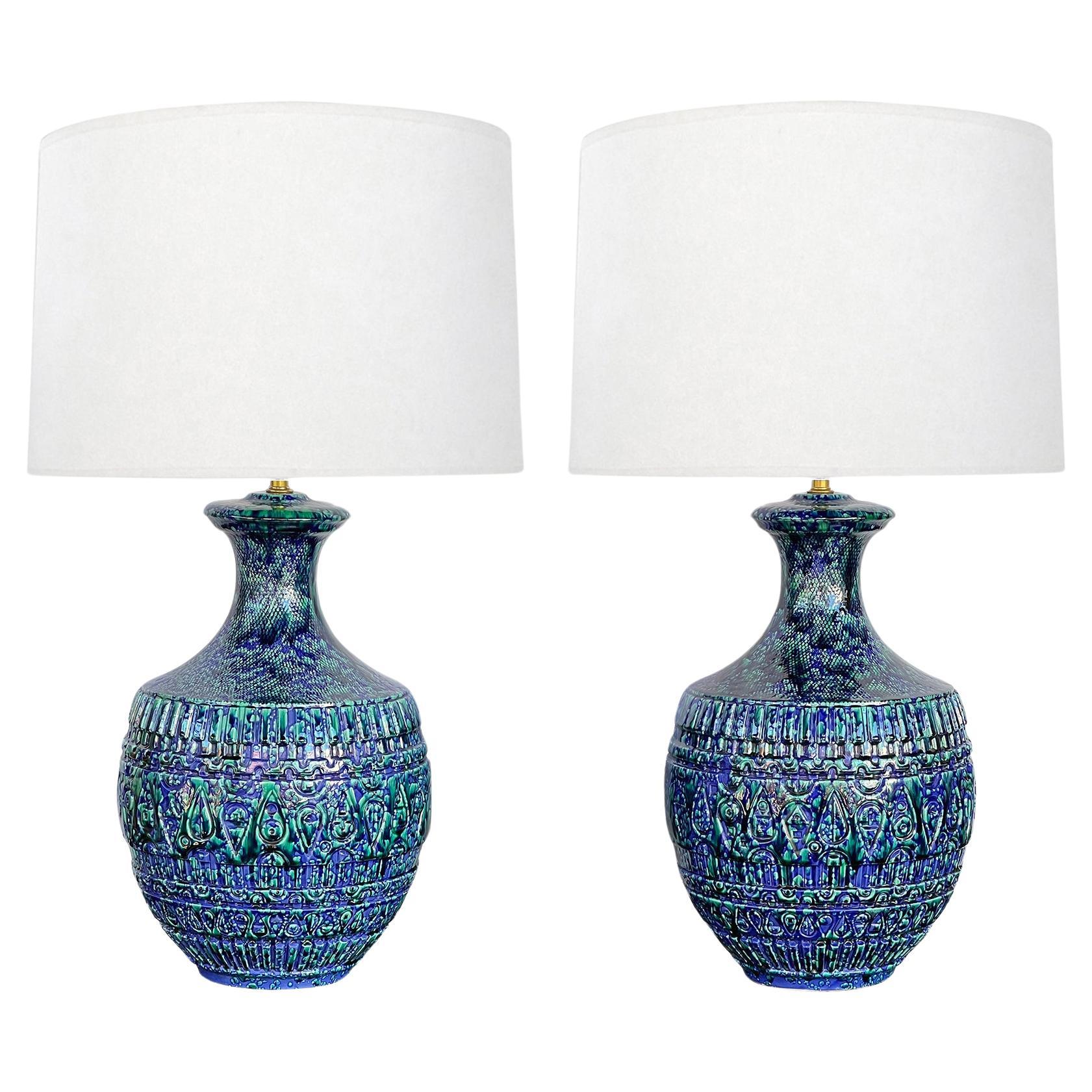 Large Pair 1960s Blue & Teal Drip Glaze Bulbous-form Lamps with Textured Surface