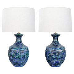 Large Pair 1960s Blue & Teal Drip Glaze Bulbous-form Lamps with Textured Surface