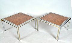 Large Pair 1970s Italian Chrome Brass Burr Elm Wood Side Lamp Occasional Tables