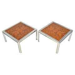 Large Pair 1970s Italian Chrome Brass Burr Elm Wood Side Lamp Occasional Tables