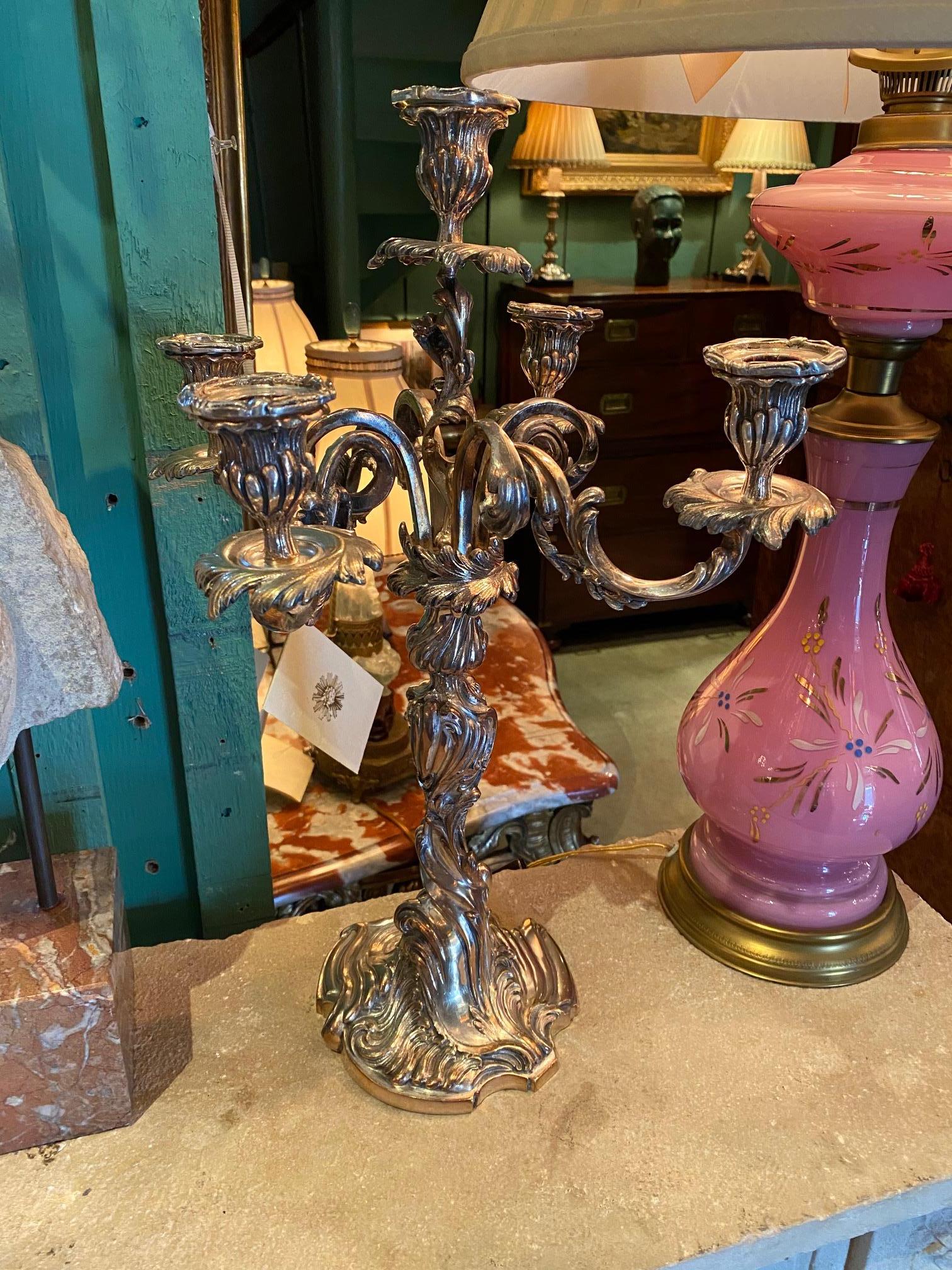 Grande coppia di candelabri del XIX secolo Portacandele in metallo argentato Luce d'atmosfera Tavolo da pranzo in vendita 7