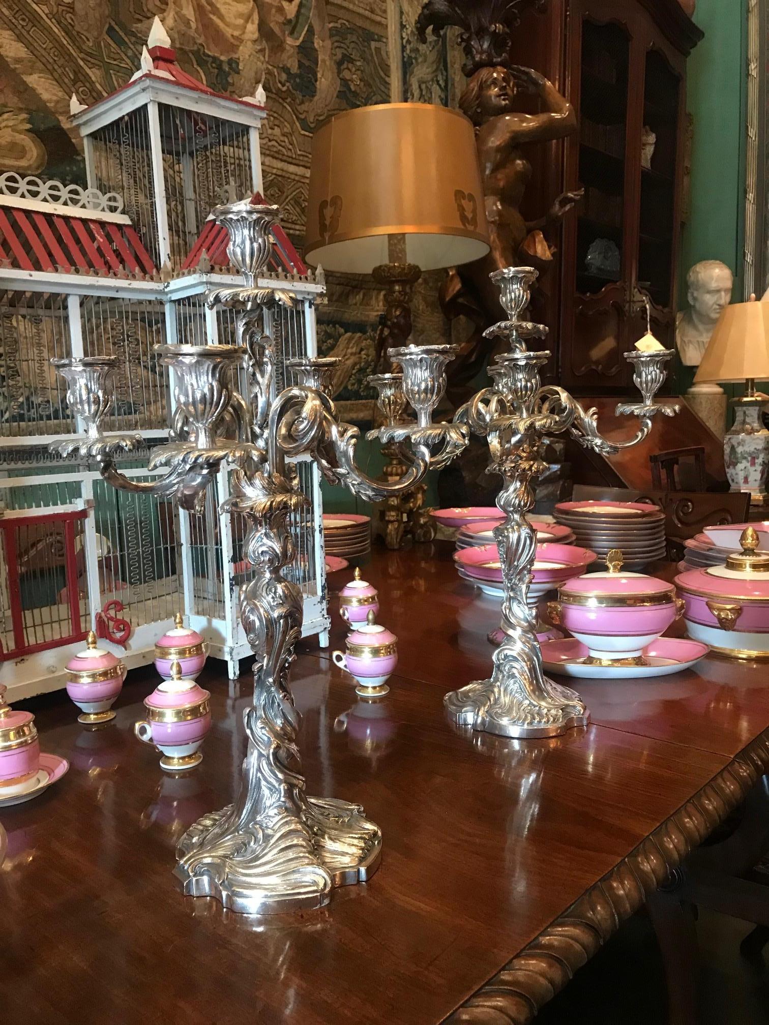 Grande coppia di candelabri del XIX secolo Portacandele in metallo argentato Luce d'atmosfera Tavolo da pranzo in vendita 14