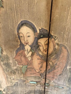 Large Pair 19th Century Antique Chinoiserie Figurative Distressed Painted Panels