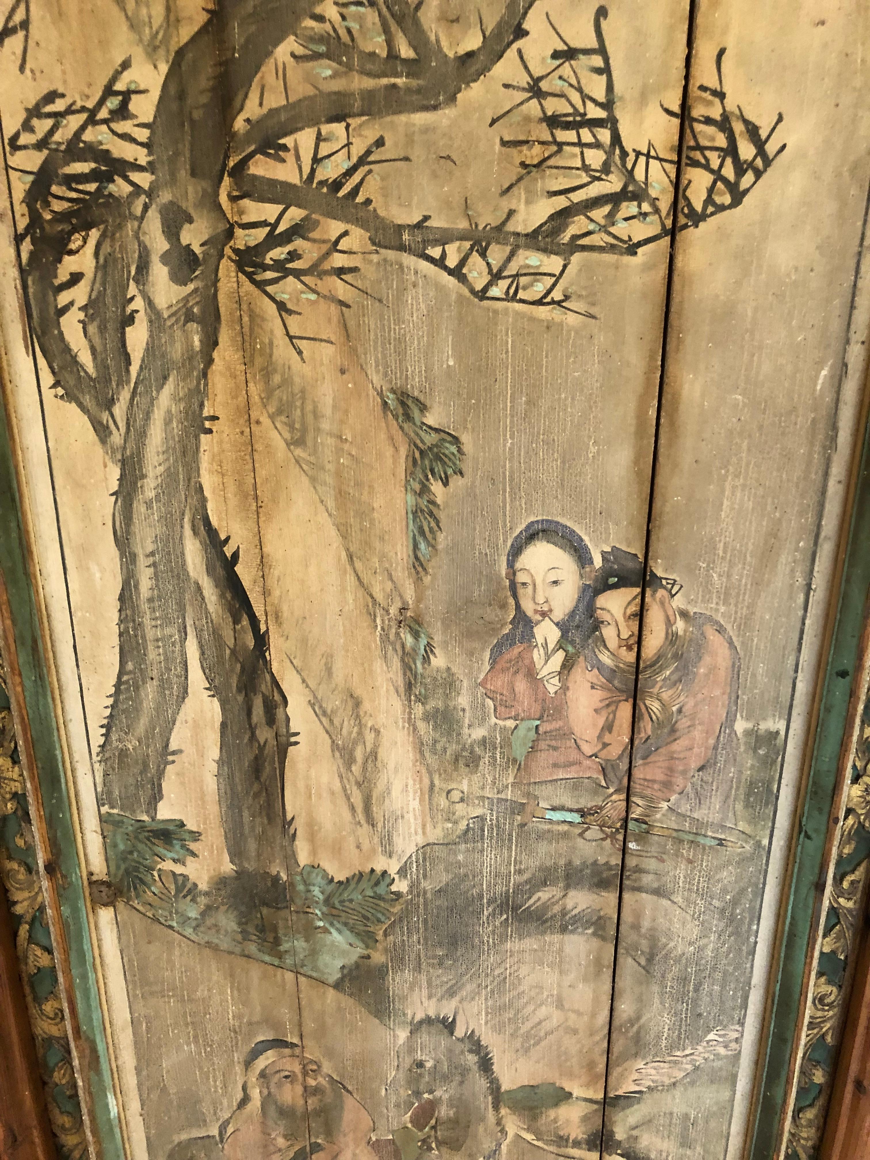 Chinese Large Pair 19th Century Antique Chinoiserie Figurative Distressed Painted Panels For Sale