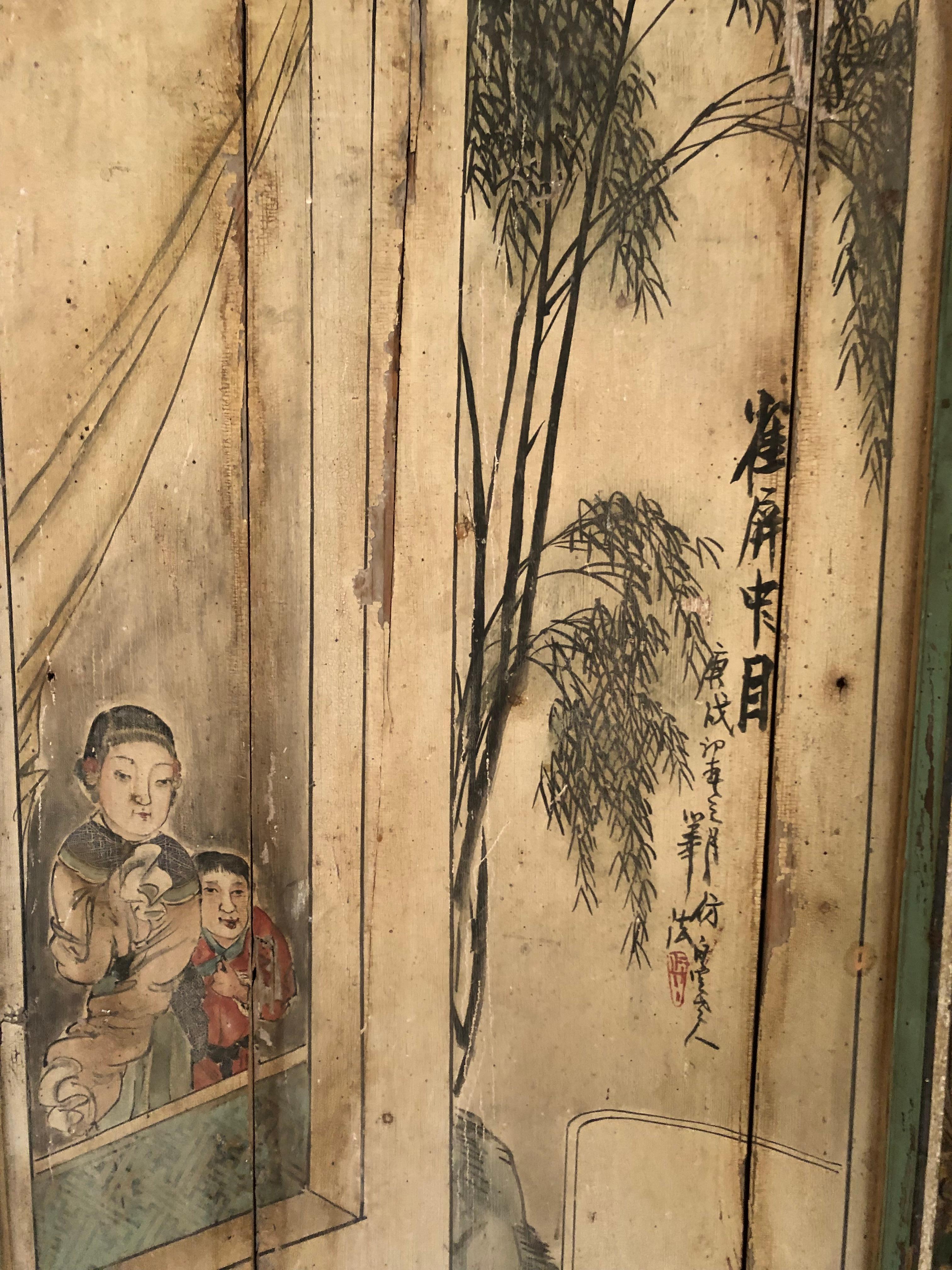 Large Pair 19th Century Antique Chinoiserie Figurative Distressed Painted Panels For Sale 1
