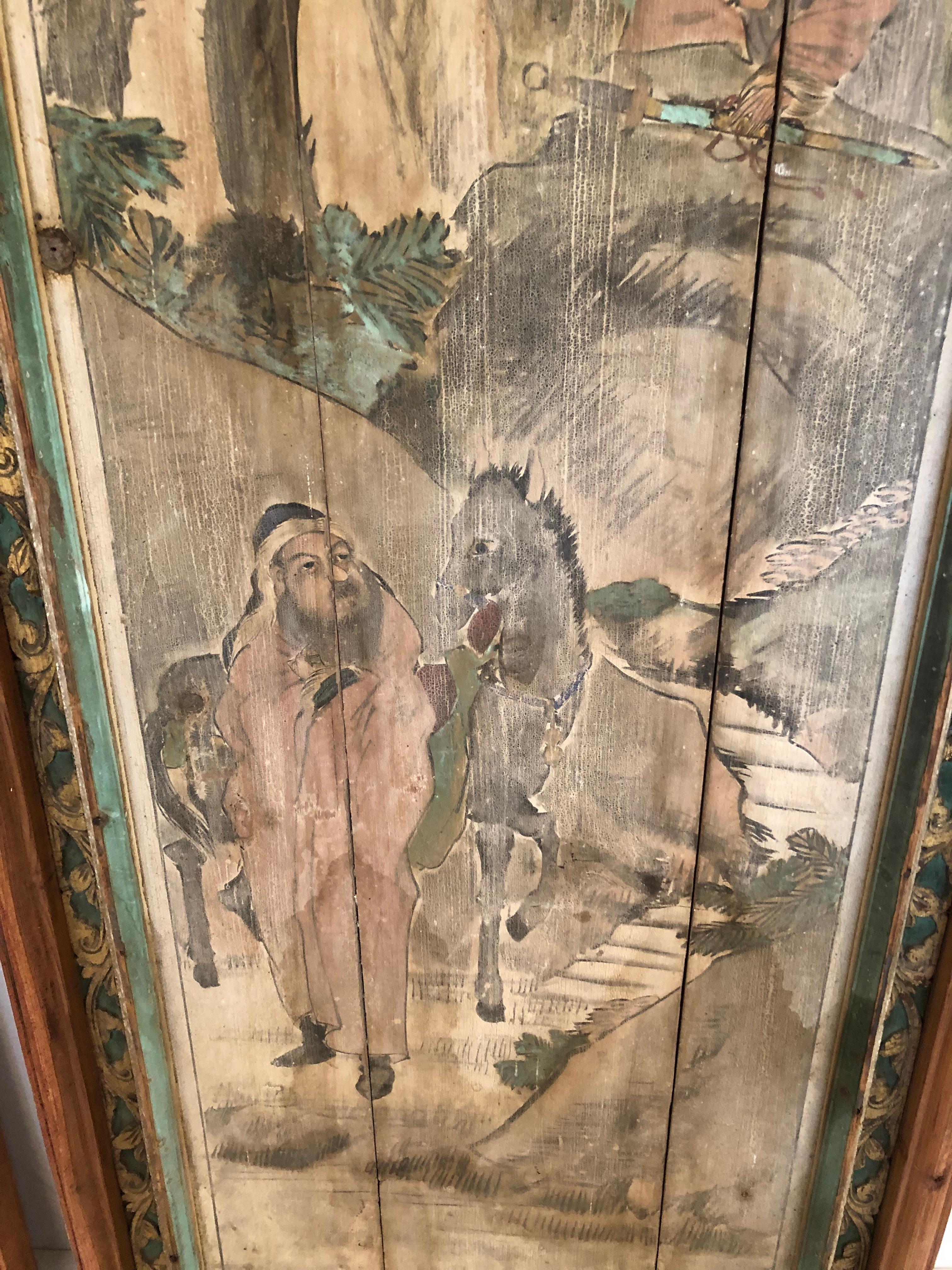 Large Pair 19th Century Antique Chinoiserie Figurative Distressed Painted Panels For Sale 3