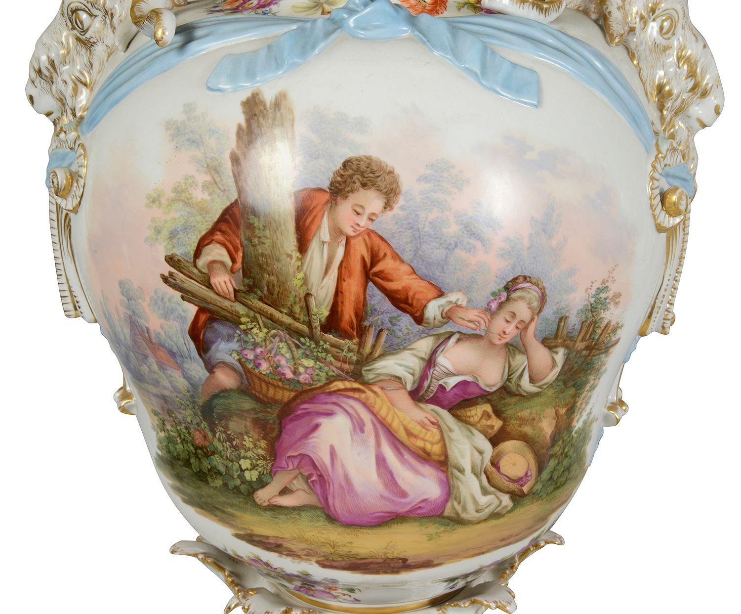 German Large pair 19th Century Berlin lidded vases, 67cm high For Sale