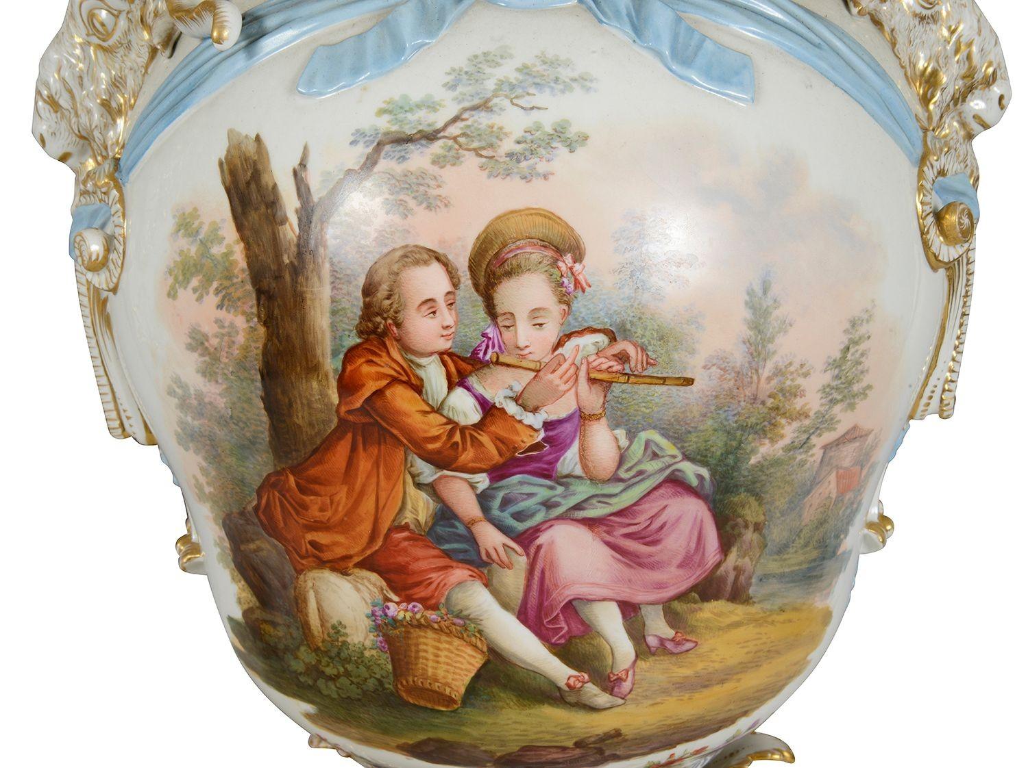 Hand-Painted Large pair 19th Century Berlin lidded vases, 67cm high For Sale