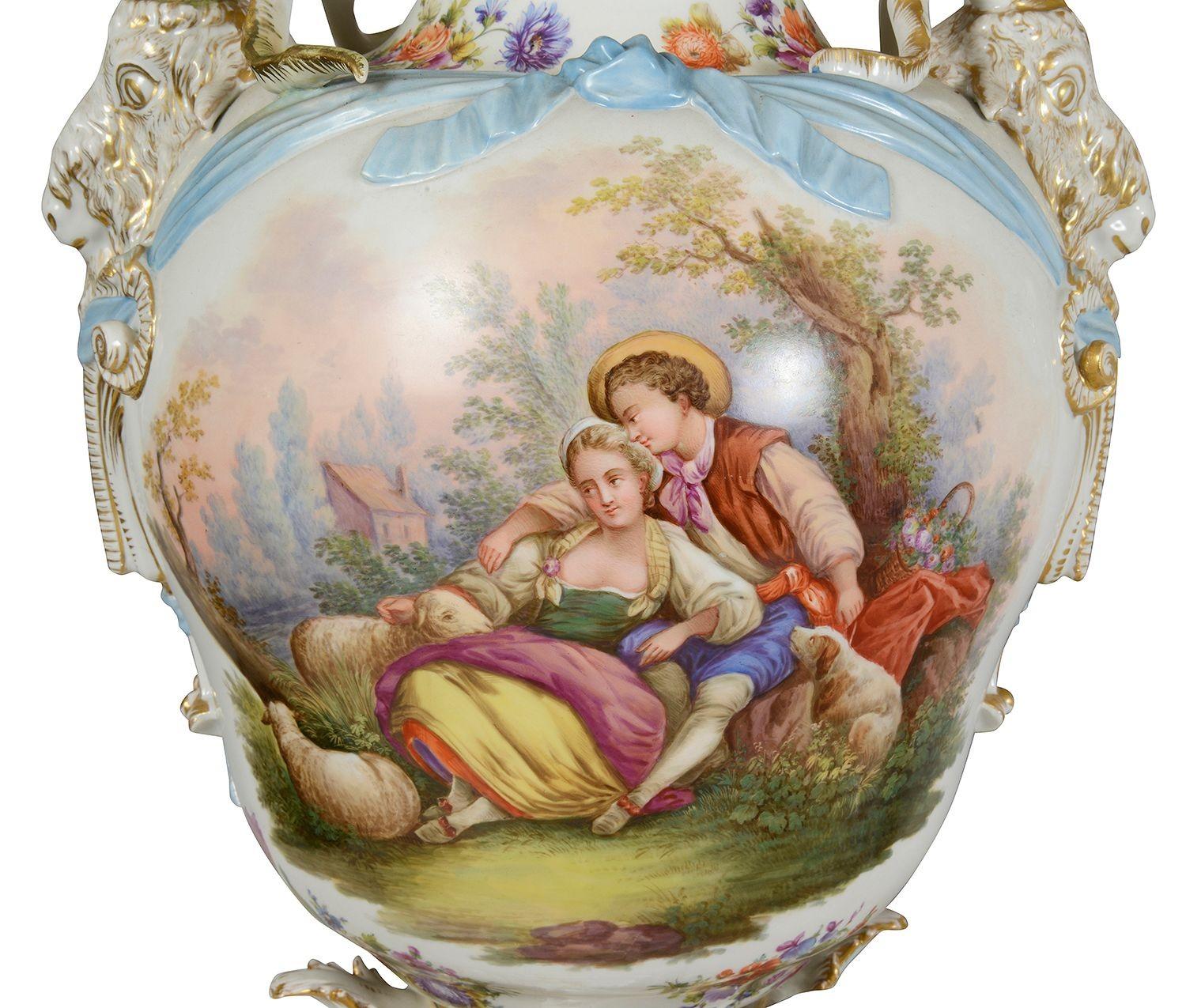 Large pair 19th Century Berlin lidded vases, 67cm high In Good Condition For Sale In Brighton, Sussex