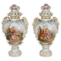 Large pair 19th Century Berlin lidded vases, 67cm high