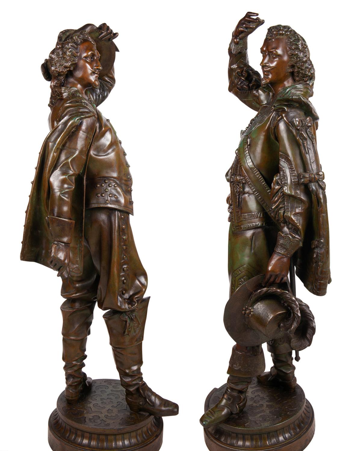 Romantic Large Pair of 19th Century Bronzed Spelter Caveliers For Sale