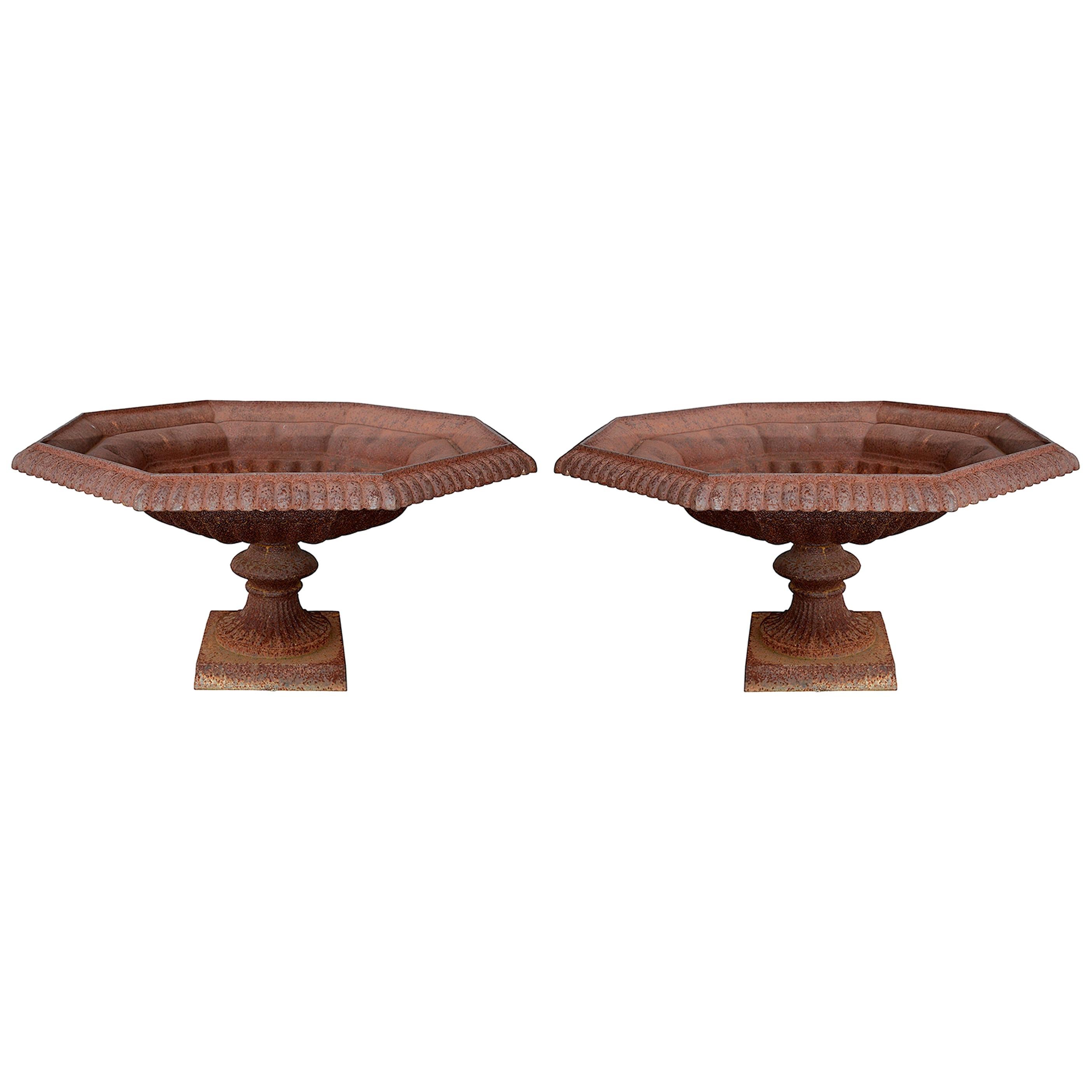 Pair of Large Cast Iron Garden Urns For Sale at 1stdibs