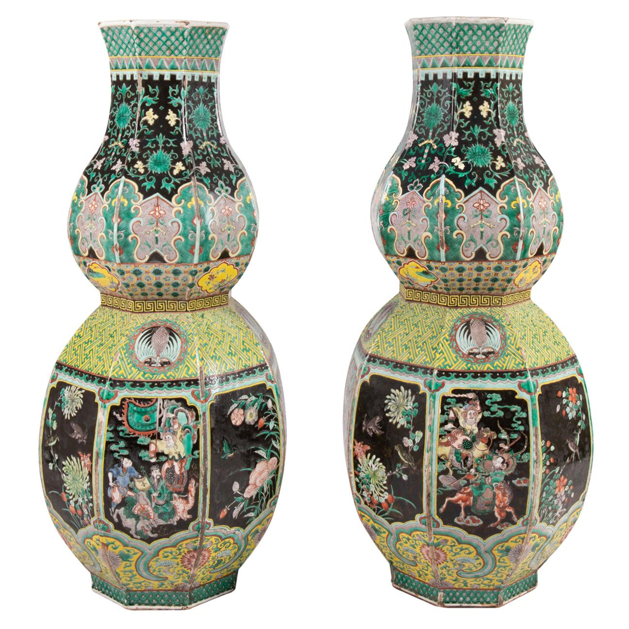 Large Pair 19th Century Chinese Famille Noire Double Gourd Vases For Sale