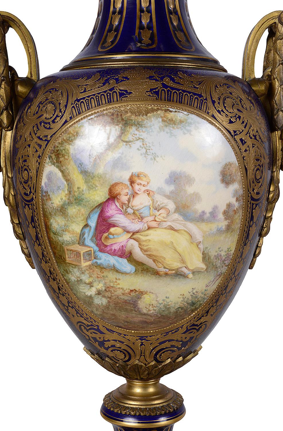 Hand-Painted Large Pair 19th Century French Sevres Style Vases For Sale