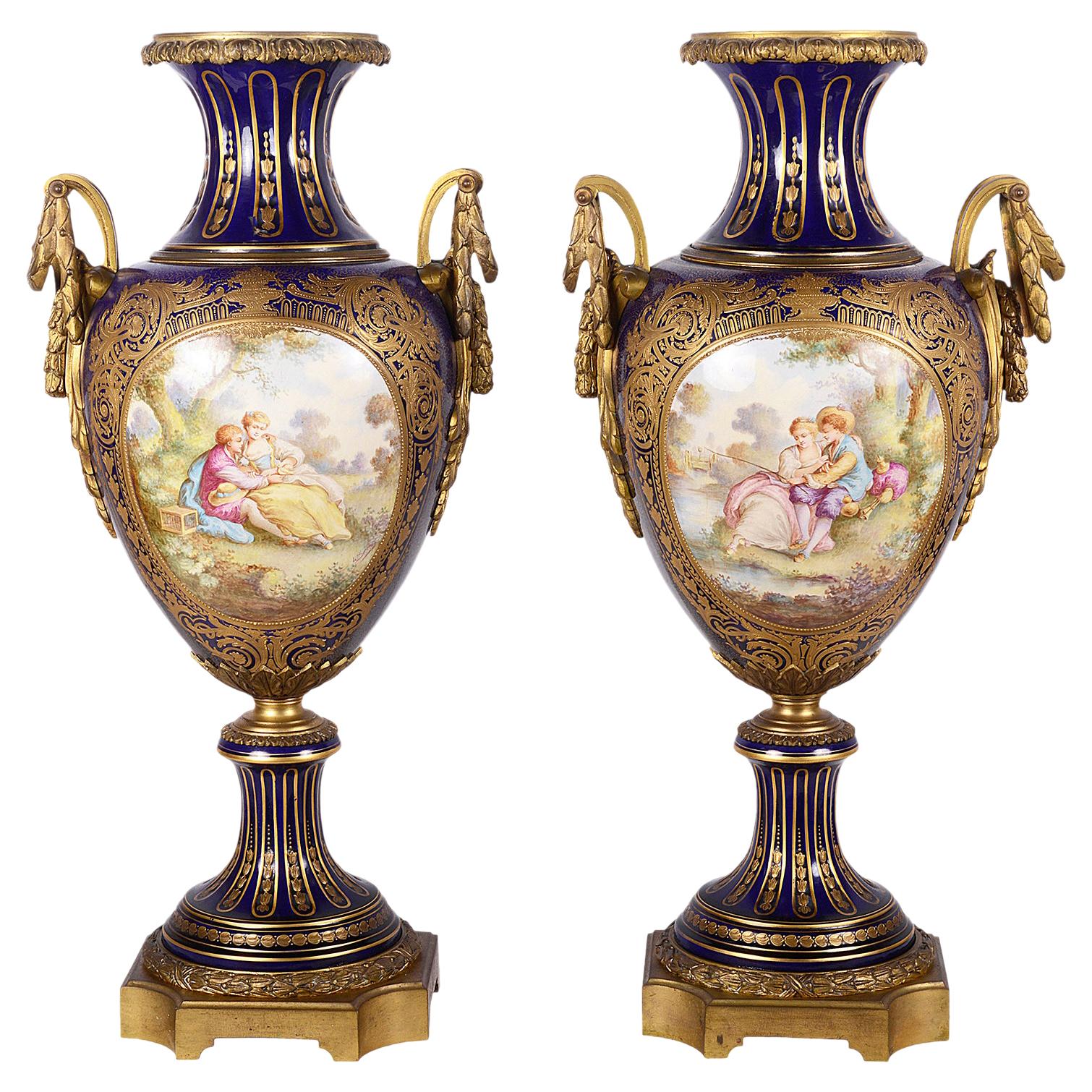 Large Pair 19th Century French Sevres Style Vases For Sale