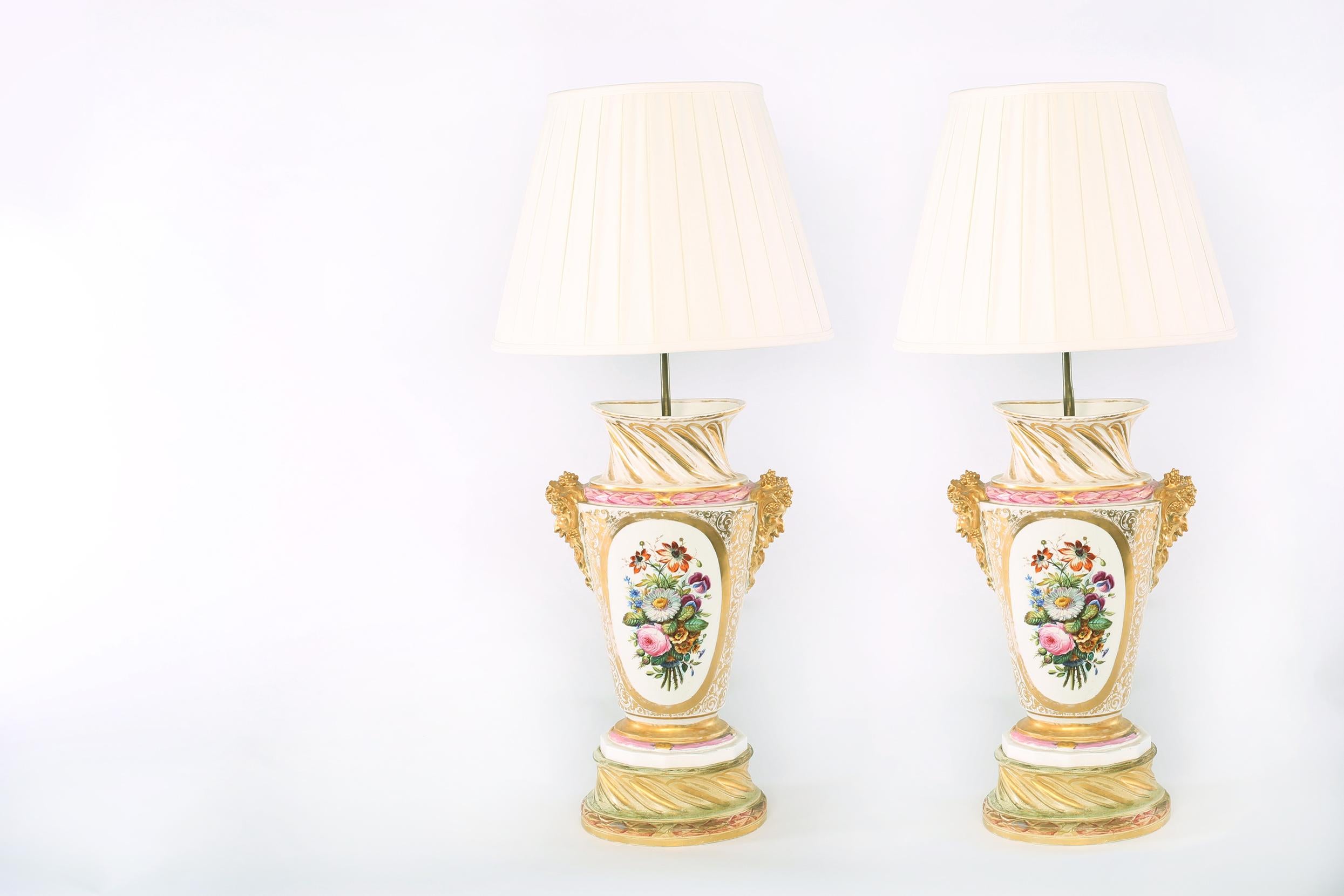 Large Pair 19th Century Gilt Porcelain Table Lamps For Sale 7