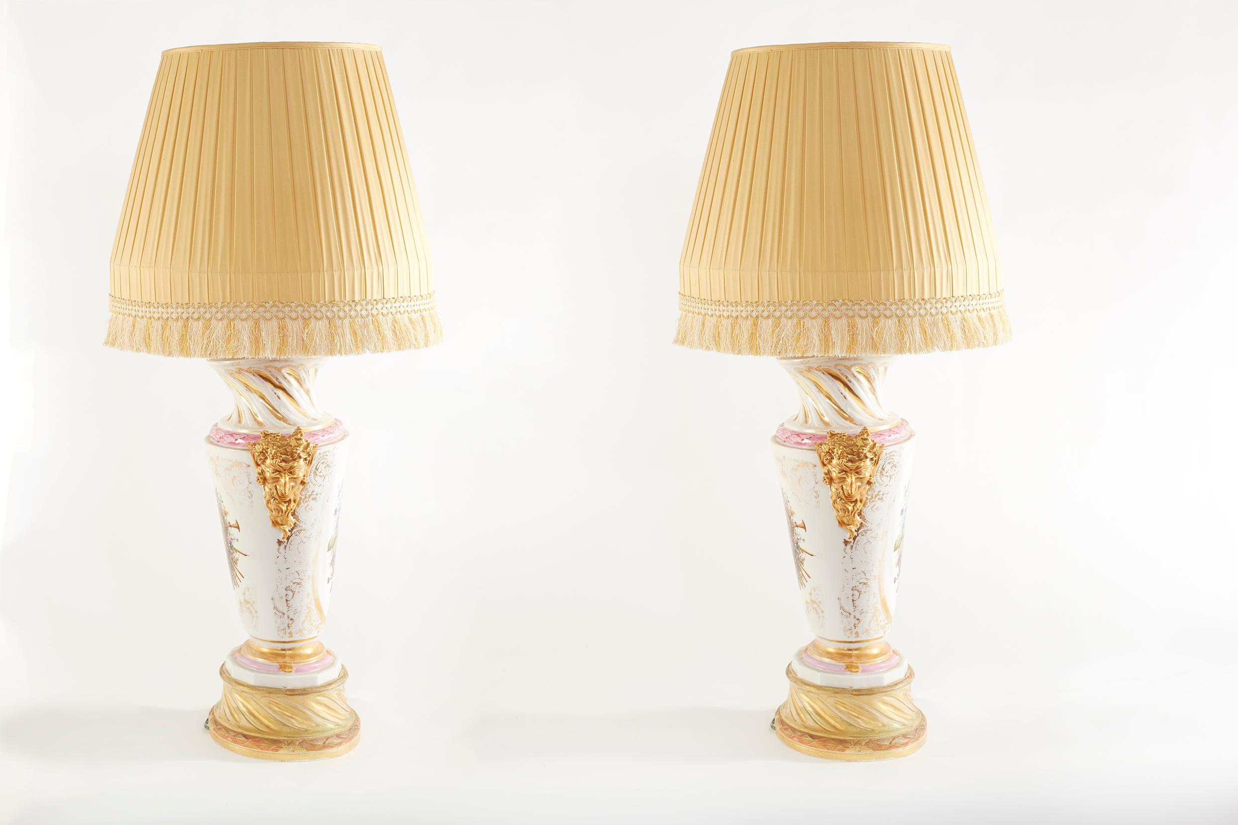 French Large Pair 19th Century Gilt Porcelain Table Lamps For Sale