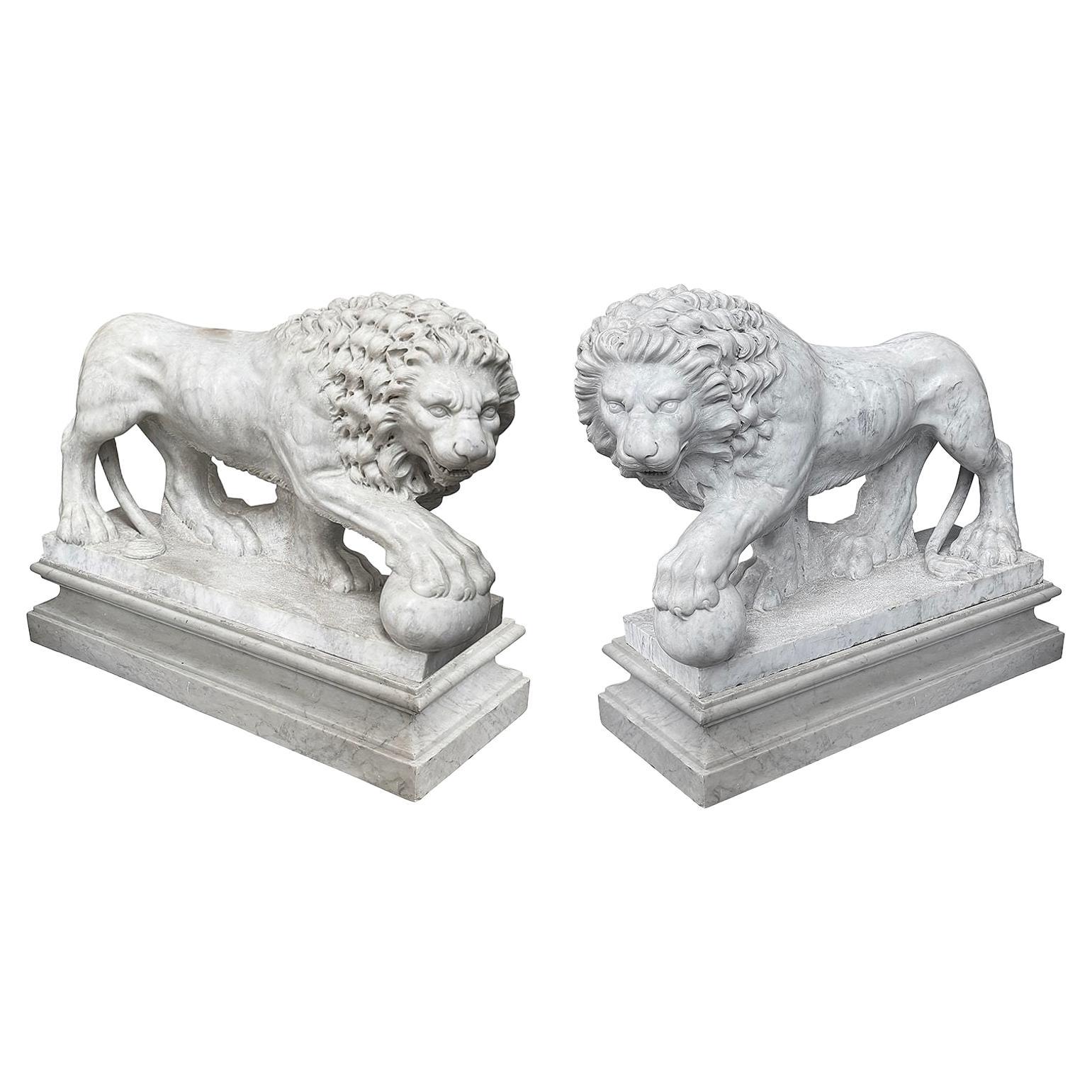 Large Pair 19th Century Italian Carrara Marble Medici Lions