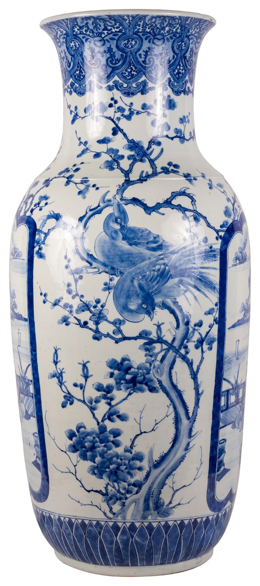 Japonisme Large Pair 19th Century Japanese Blue and White Vases For Sale