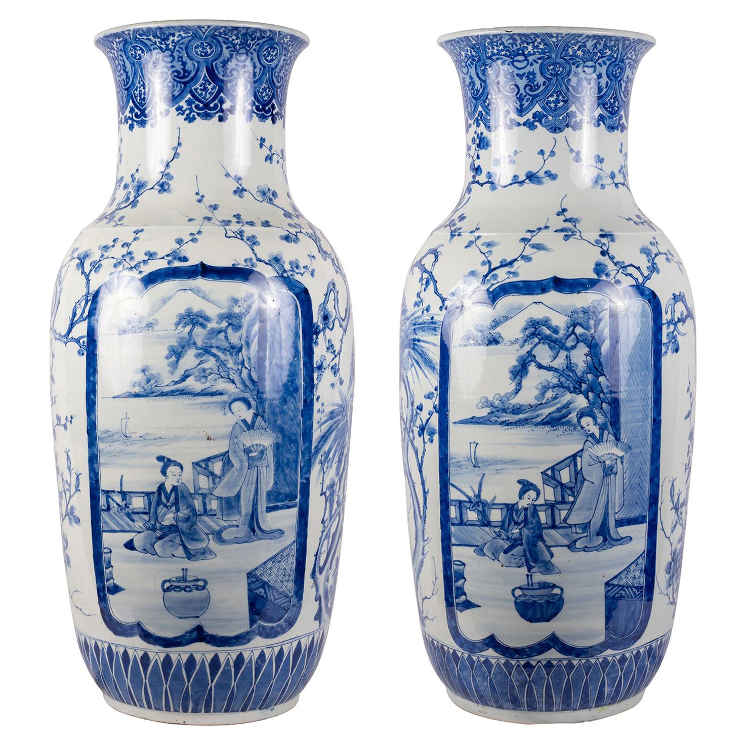 Large Pair 19th Century Japanese Blue and White Vases For Sale