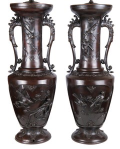 Large Pair of 19th Century Japanese Bronze Vases / Lamps
