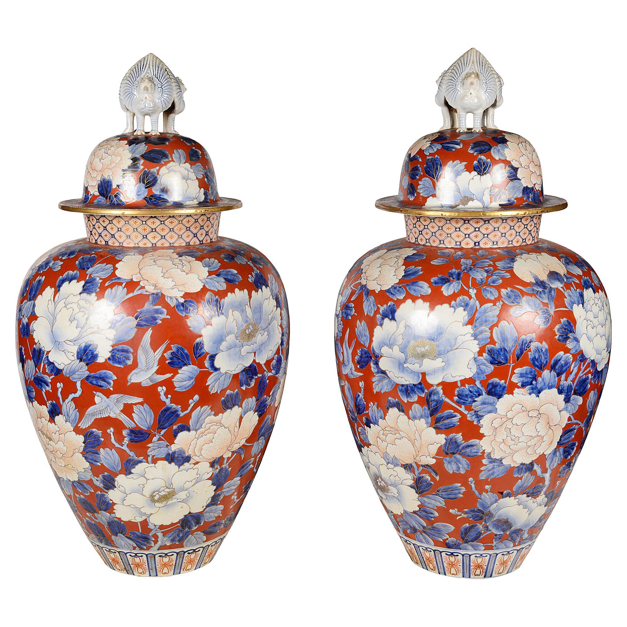 Large Pair 19th Century Japanese Fukagawa Lidded Vases