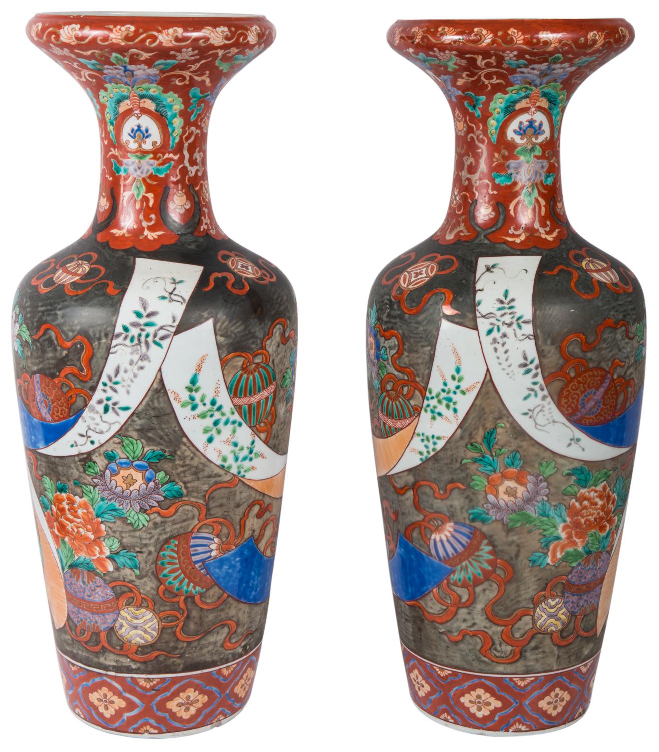 Porcelain Large Pair of 19th Century Kutani Japanese Vases