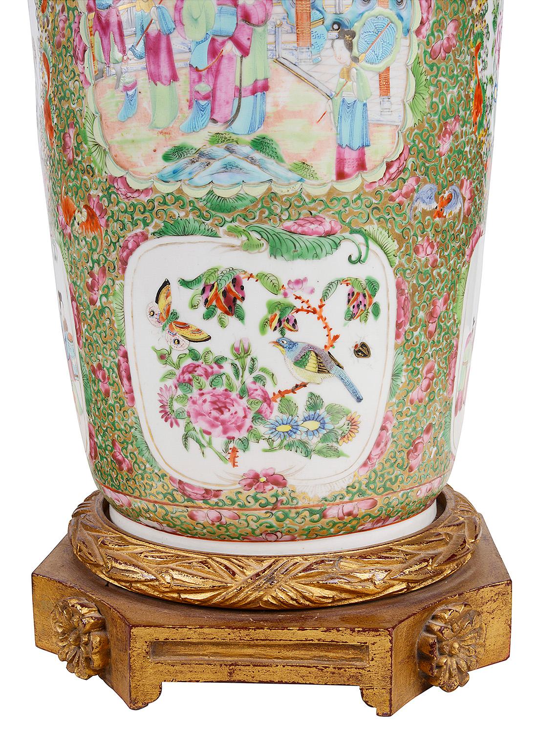 Chinese Export Large Pair 19th Century Rose Medallion Vases / Lamps For Sale