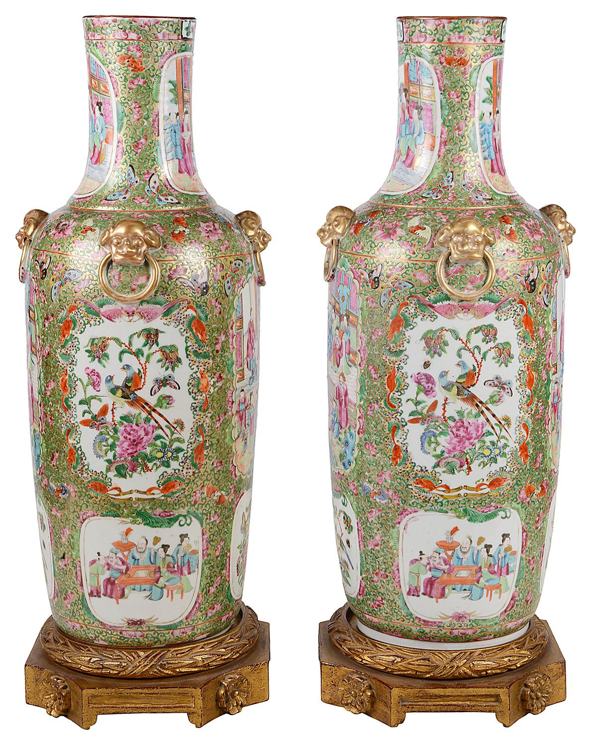 Chinese Large Pair 19th Century Rose Medallion Vases / Lamps For Sale