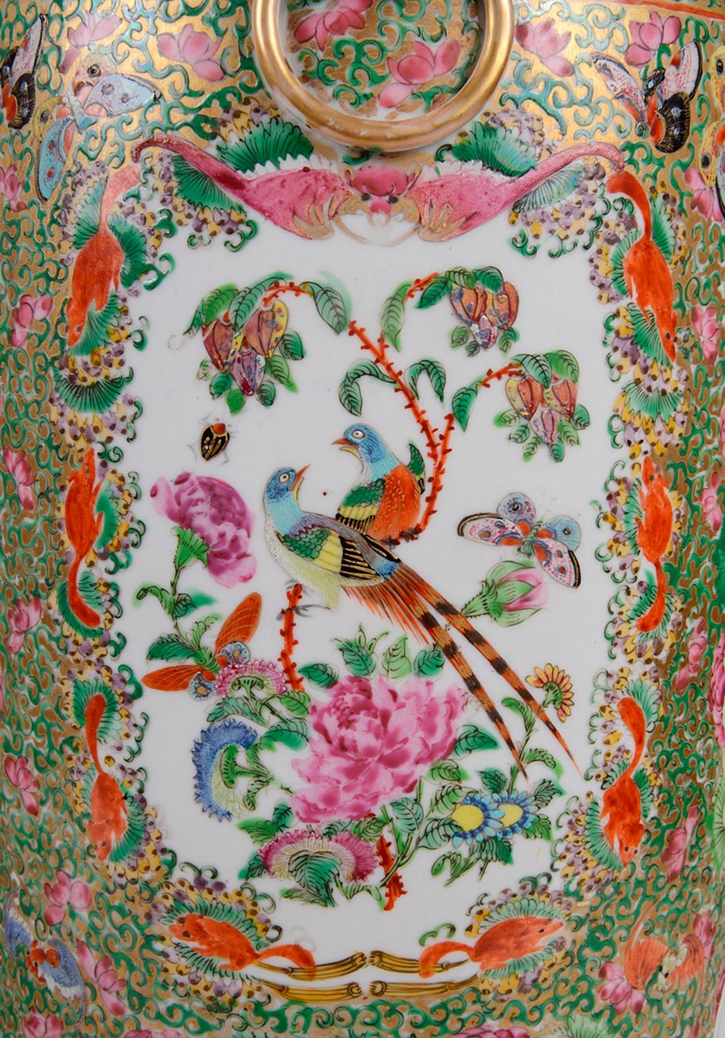 Porcelain Large Pair 19th Century Rose Medallion Vases / Lamps For Sale