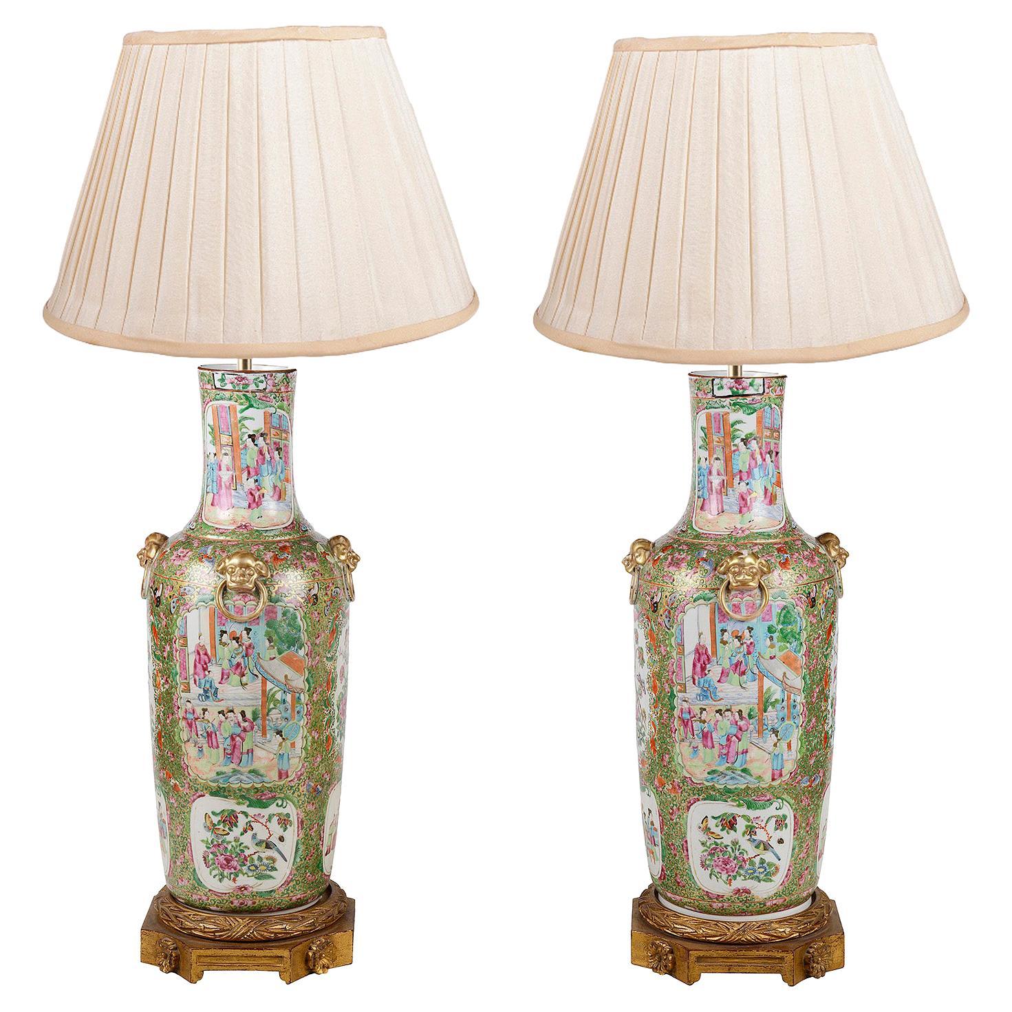 Large Pair 19th Century Rose Medallion Vases / Lamps For Sale