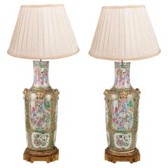 Large Pair 19th Century Rose Medallion Vases / Lamps