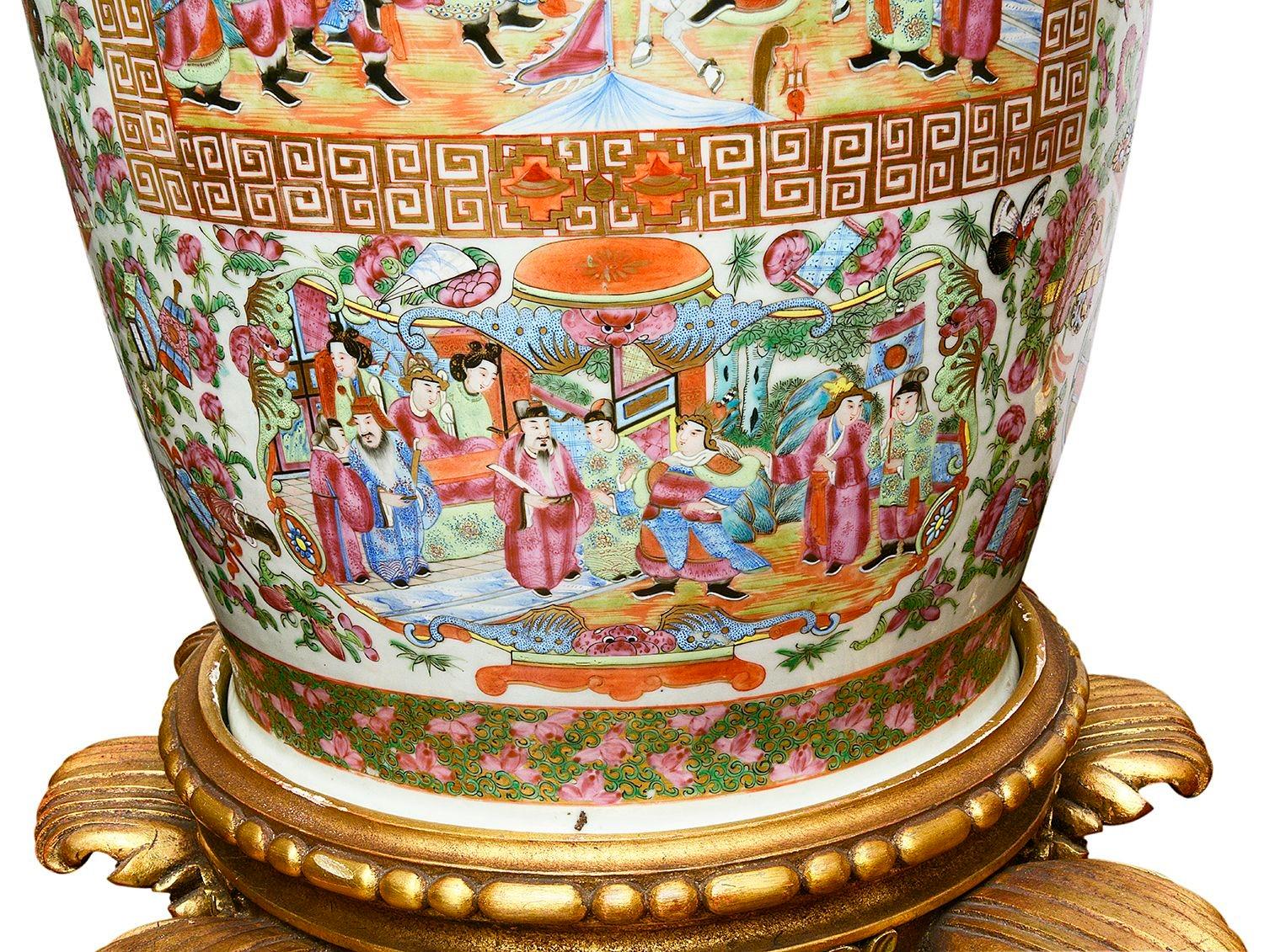 Hand-Painted Large pair 19th Century Rose medallion vases on stands. For Sale
